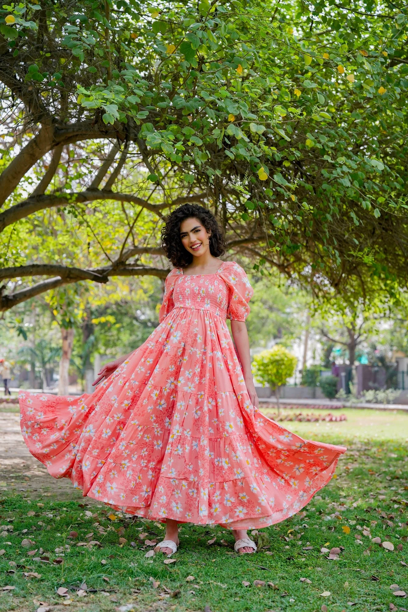 Graceful Apricot Floral Maternity Layered Dress (100% Cotton) - Chenance