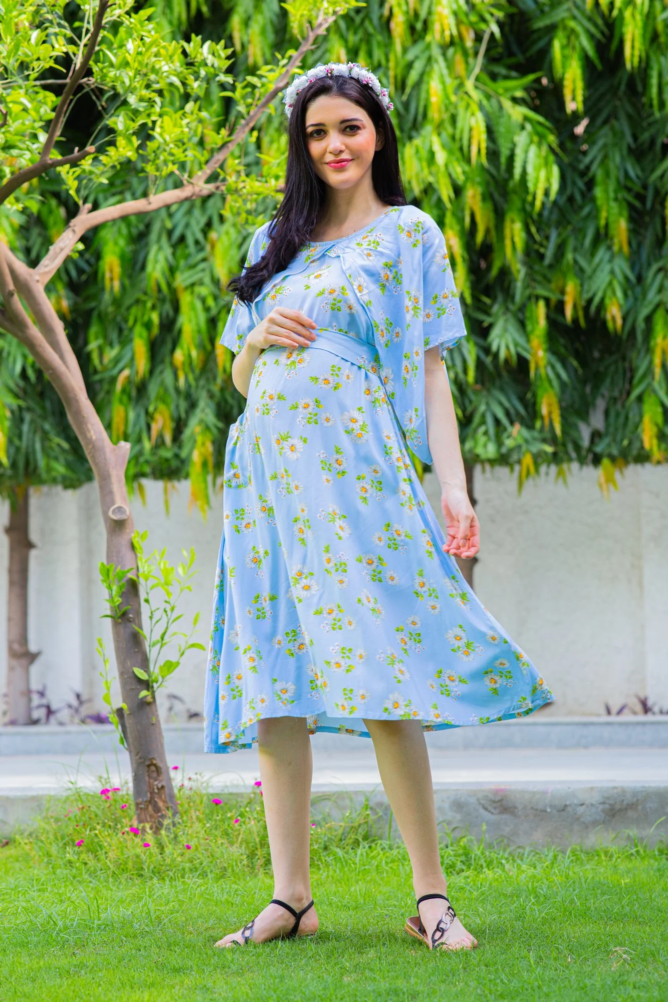 Sky Blue Maternity & Nursing Flap Dress - Chenance