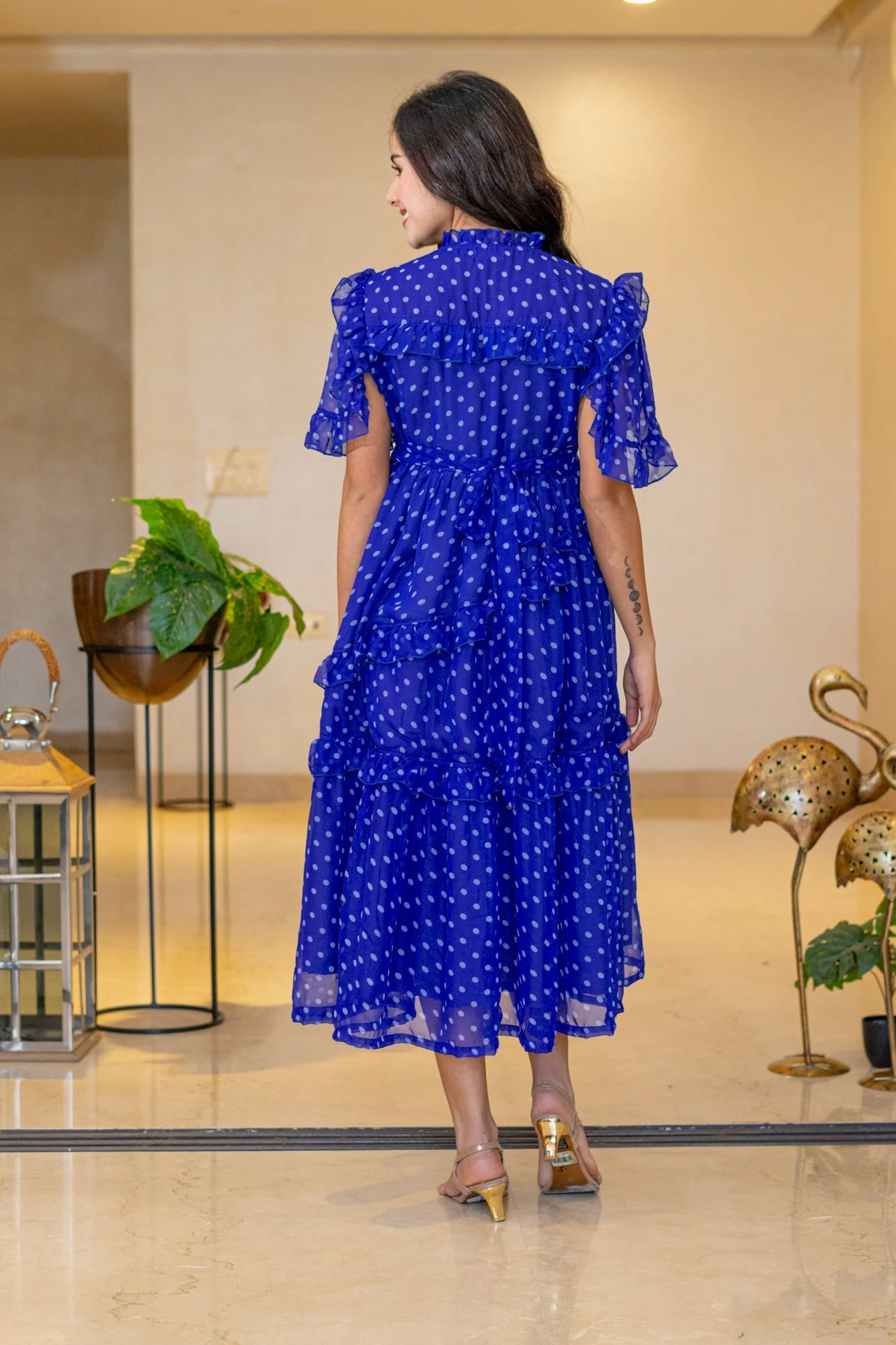 Breezy Cobalt Blue Polka Maternity & Nursing Frill Dress - Chenance