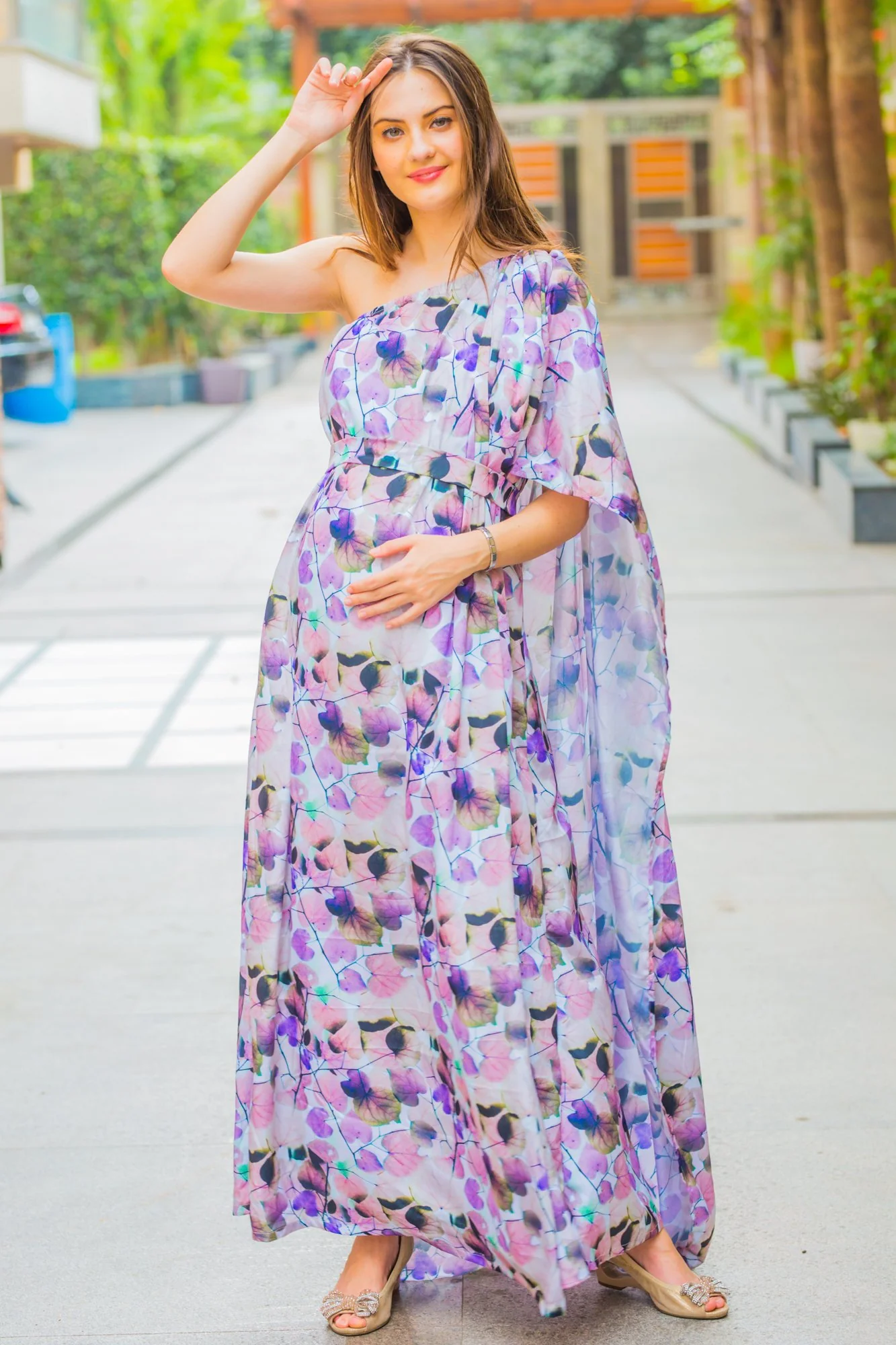 Luxe Ombre Pink One Shoulder Floral Maternity Gown - Chenance