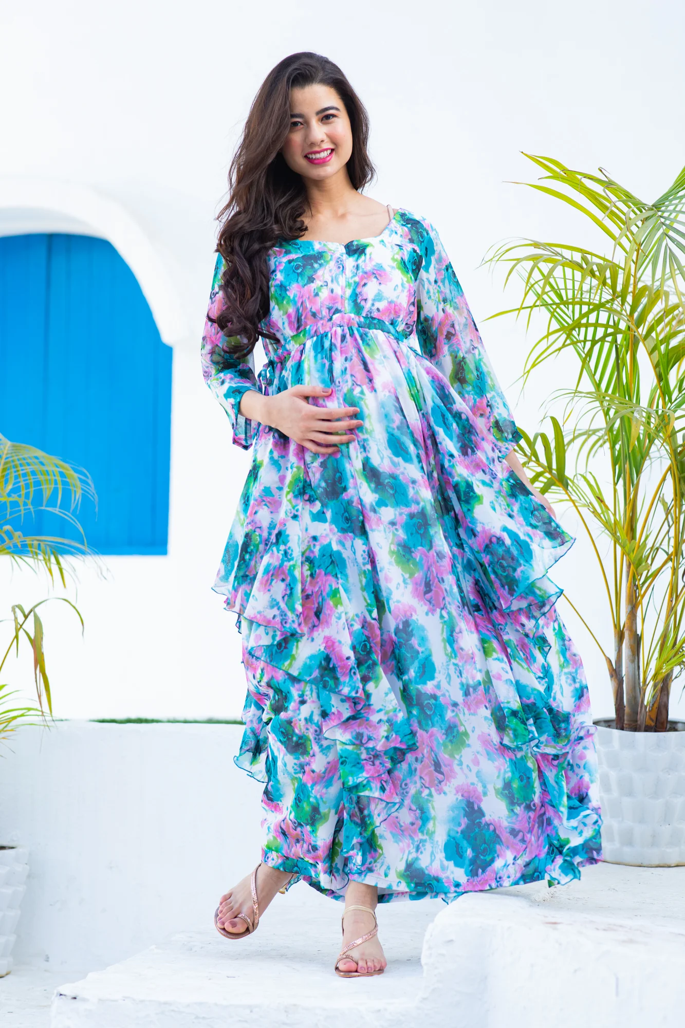 Luxe Vibrant Cascading Floral Maternity & Nursing Flow Dress - Chenance