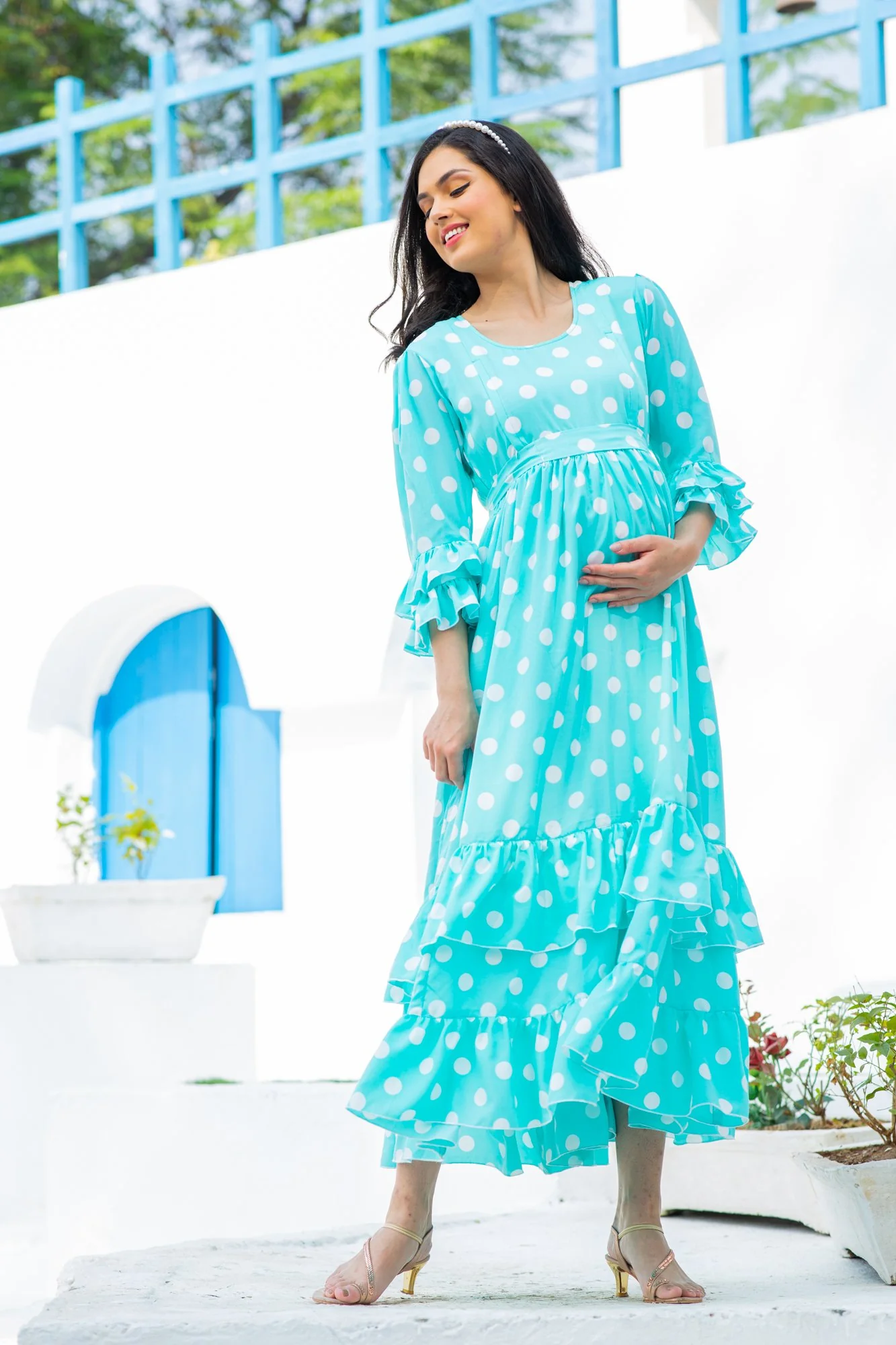 Classic Turquoise Polka Maternity & Nursing Frill Dress - Chenance