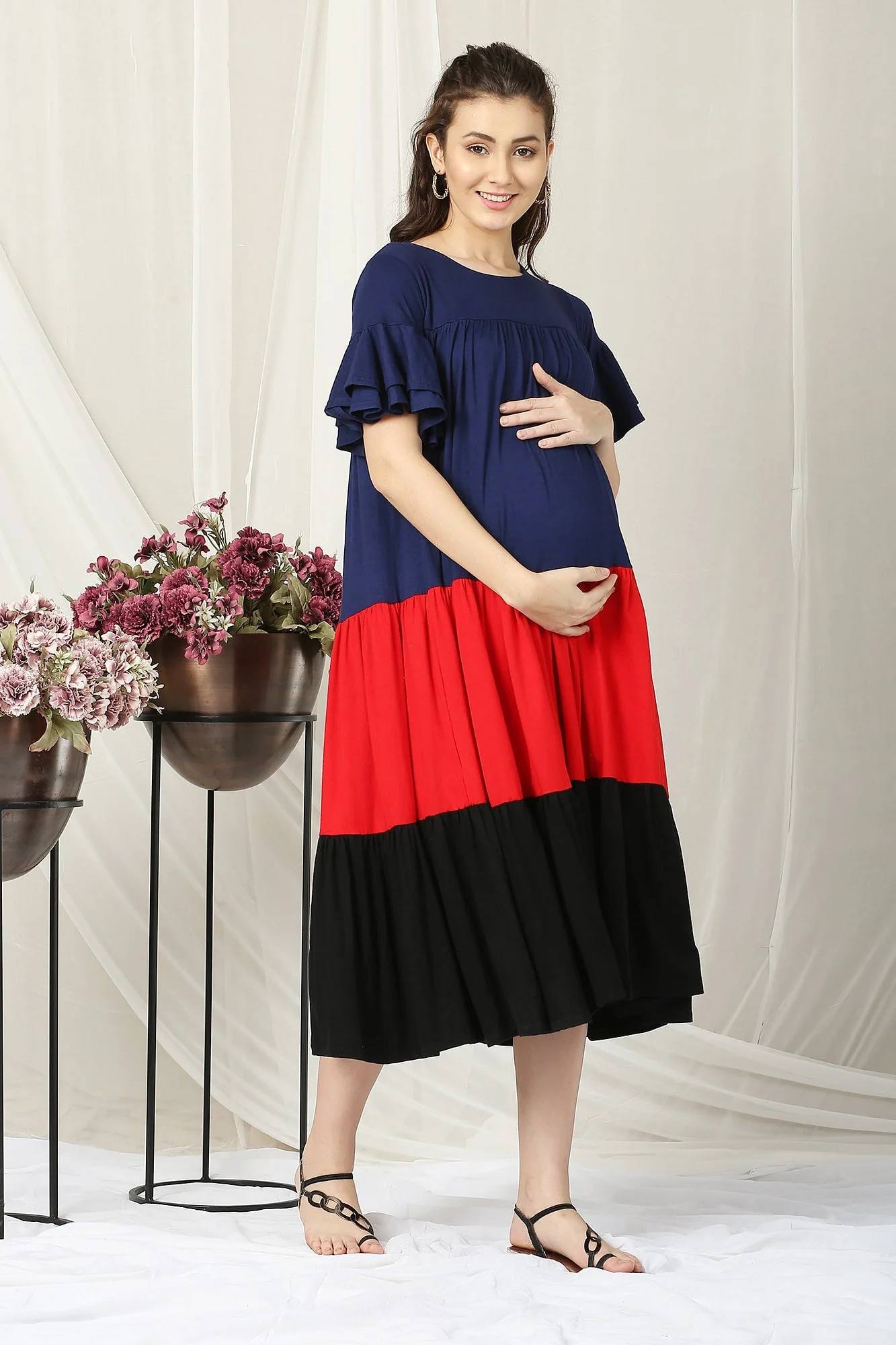 Charming Easy Breezy Blue & Red Layered Maternity Dress - Chenance