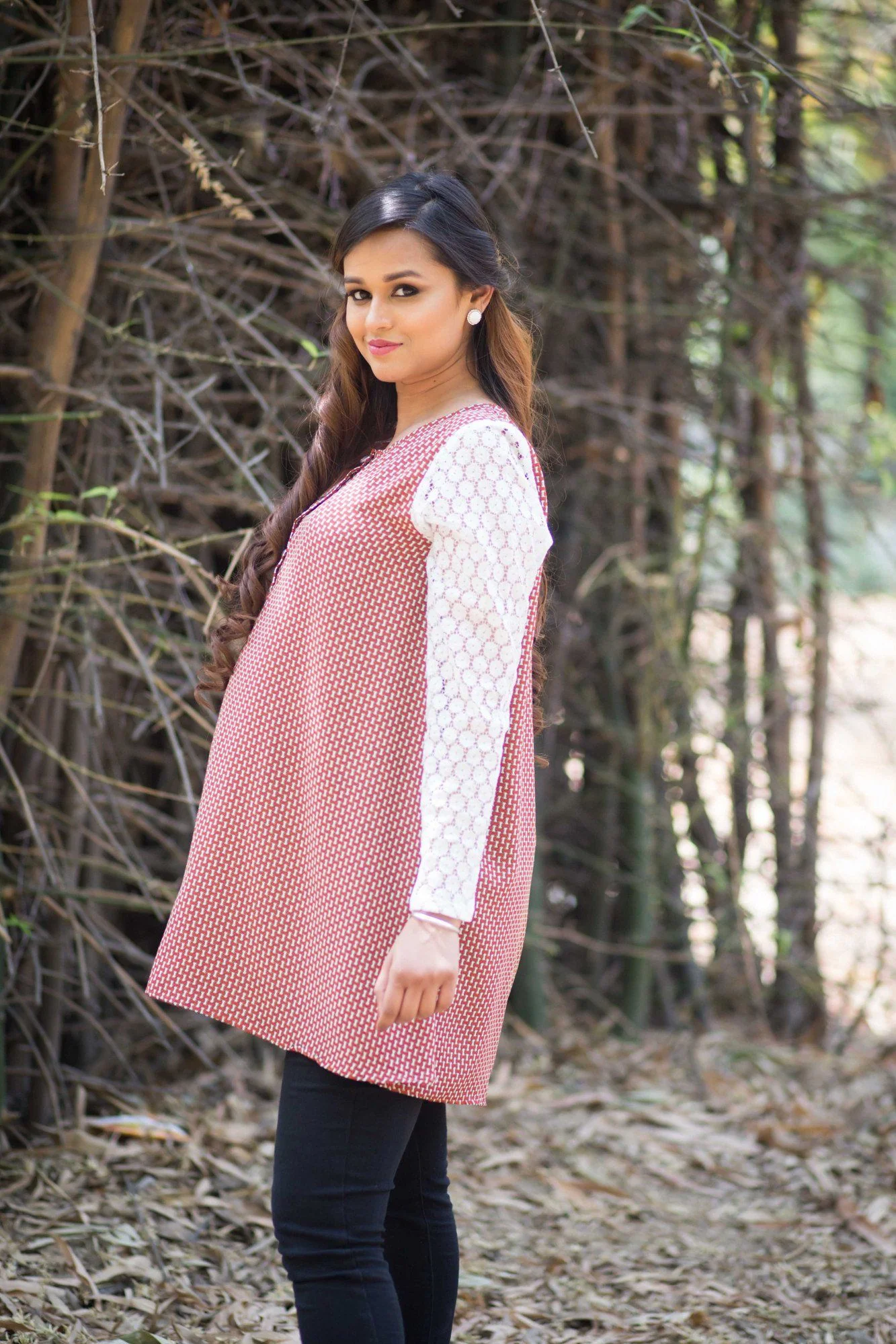 Red Print Net Sleeves Nursing Top - Chenance