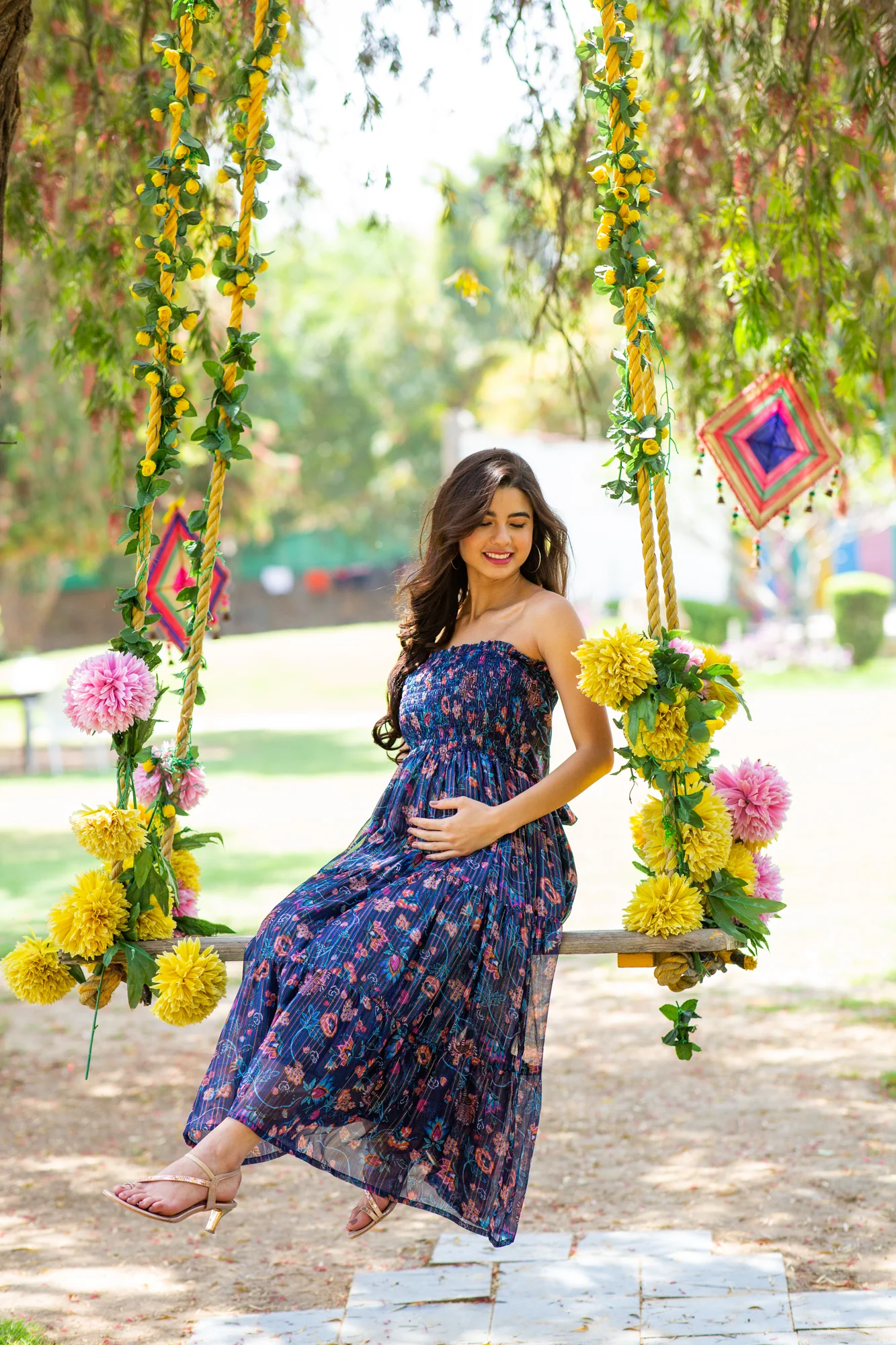 Midnight Chiffon Floral Maternity Off-Shoulder Frill Dress - Chenance