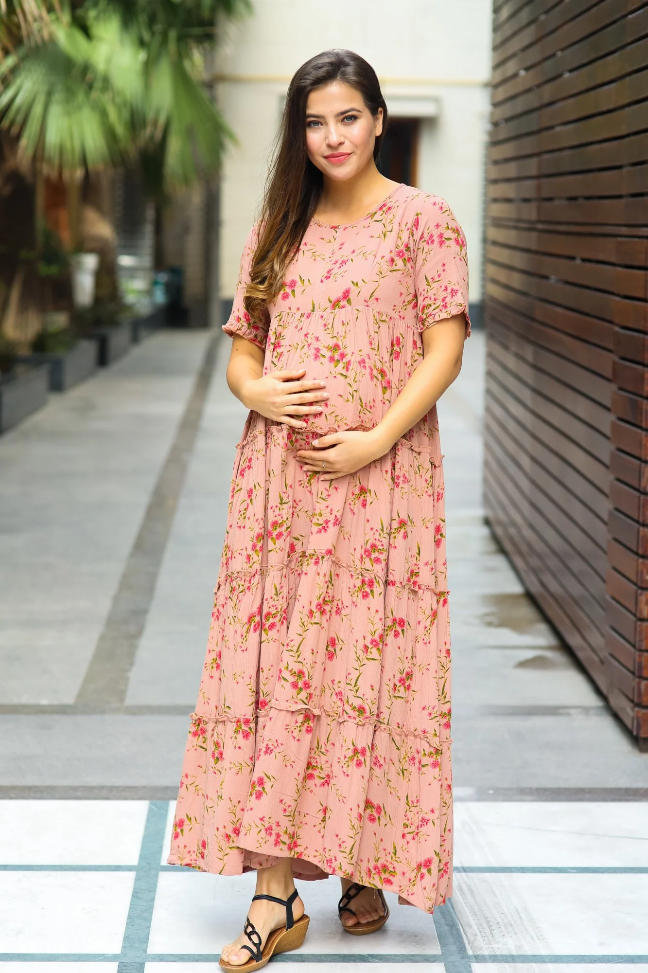 Multilayer Light Peach Frill Maternity & Nursing Dress - Chenance