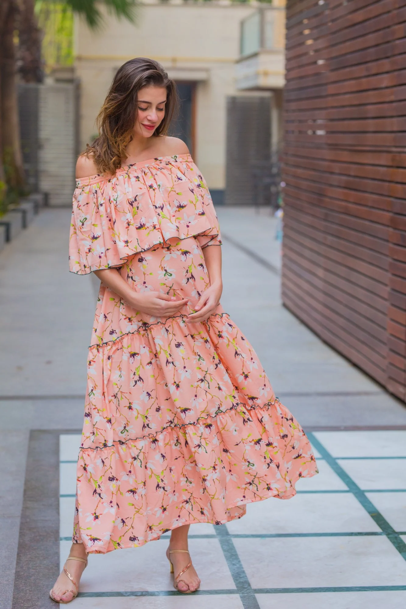 Botanical Peach Off-Shoulder Maternity Maxi Dress - Chenance