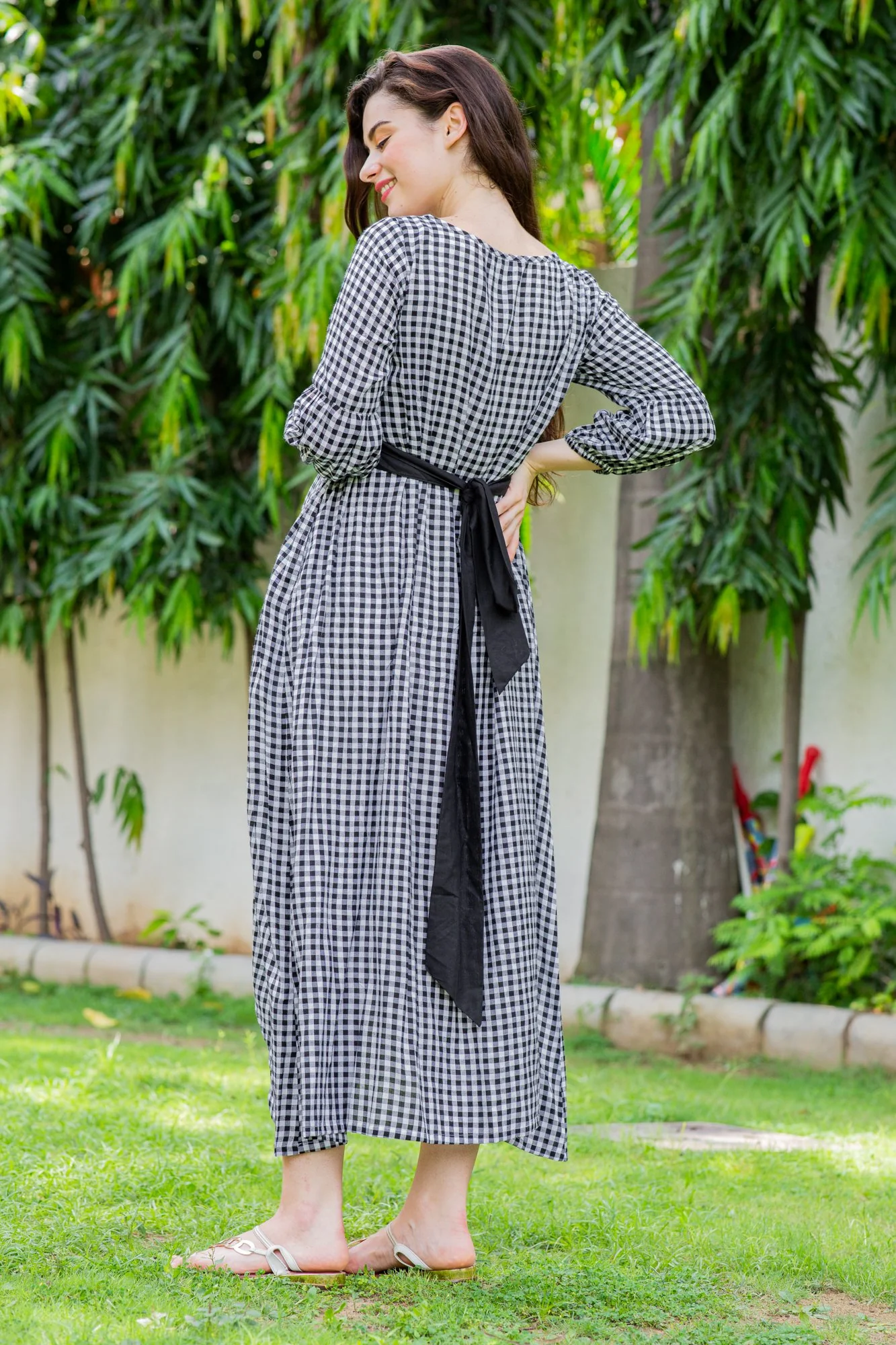 Plaid Dual Bow High-Low Maternity & Nursing Dress - Chenance