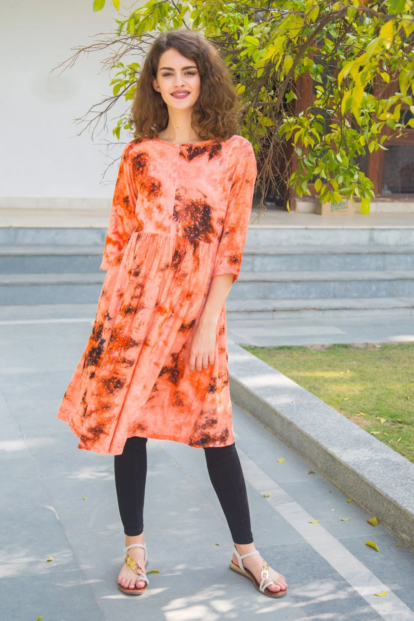 Auburn Foil Scattered Maternity & Nursing Kurta Dress - Chenance