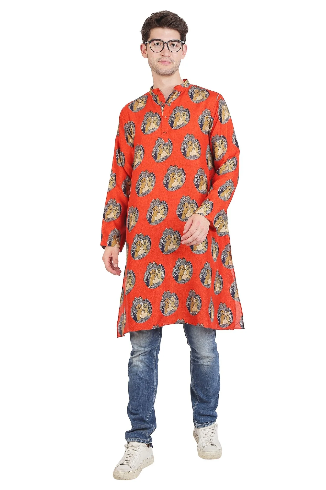 Men Apricot Kalamkari Printed Silk Kurta - Chenance
