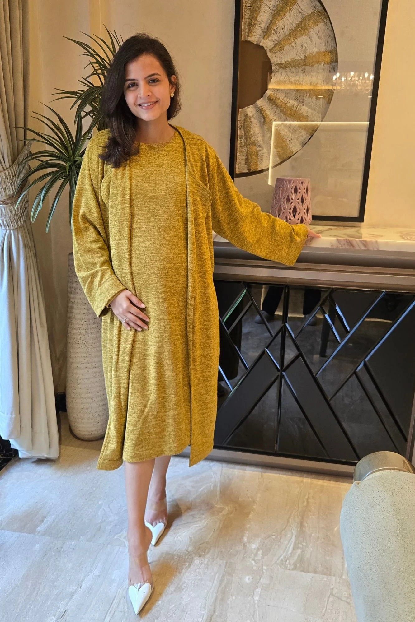 Breezy Mustard Maternity Winter Dress With Cover Up (2pc) - Chenance