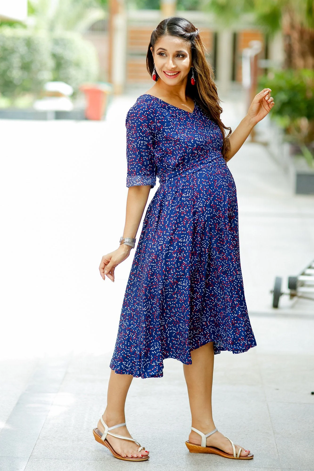 Blue Red White Polka Concealed Zips Maternity & Nursing Dress - Chenance