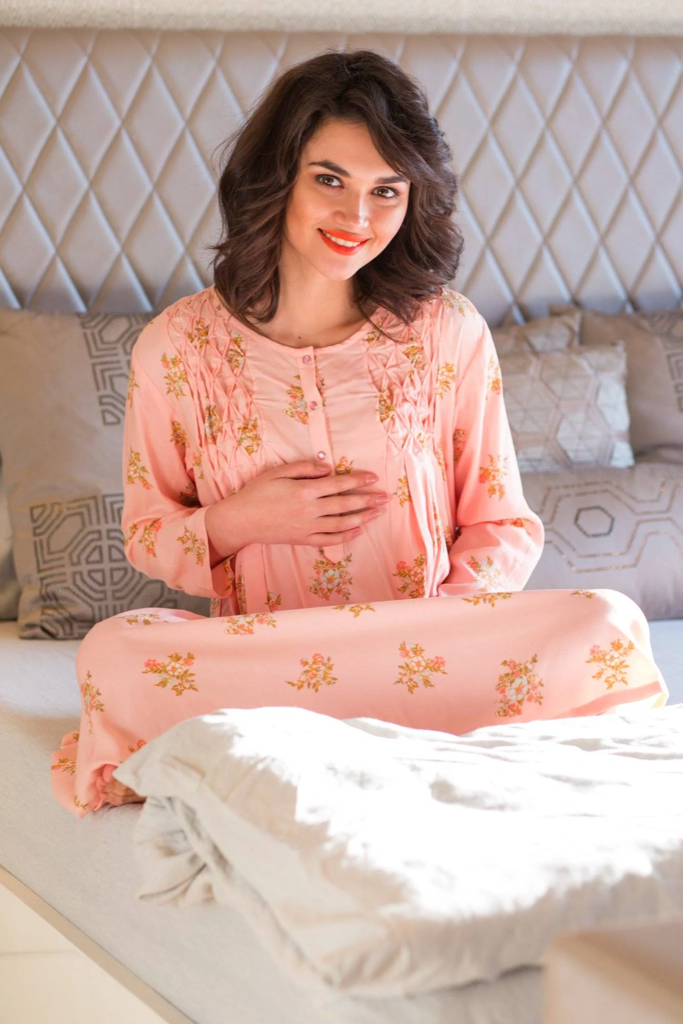 Botanical Peach Maternity & Nursing Night Dress - Chenance