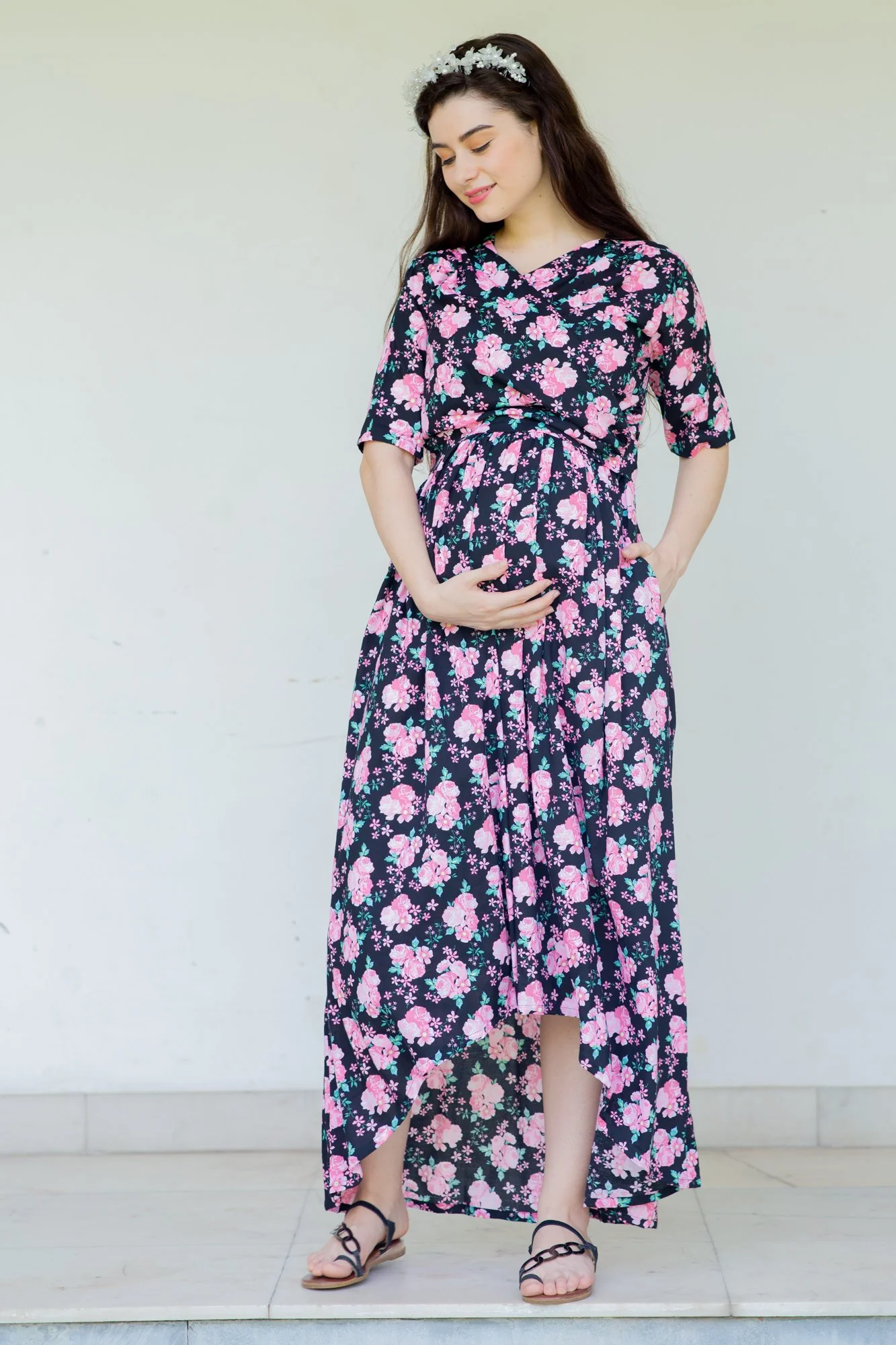 Midnight Breeze Maternity & Nursing Hi-Low Wrap Dress - Chenance