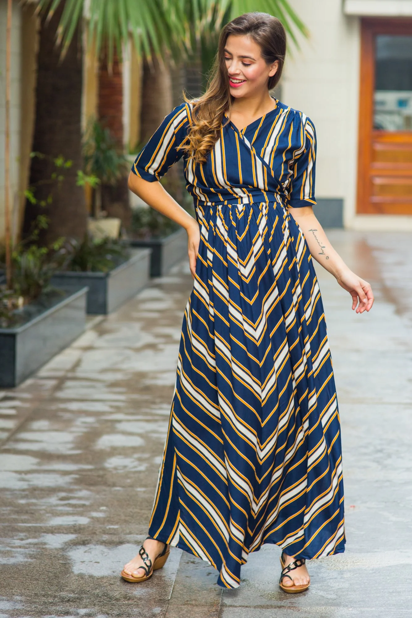 Royal Navy Striped Maternity & Nursing Wrap Dress - Chenance