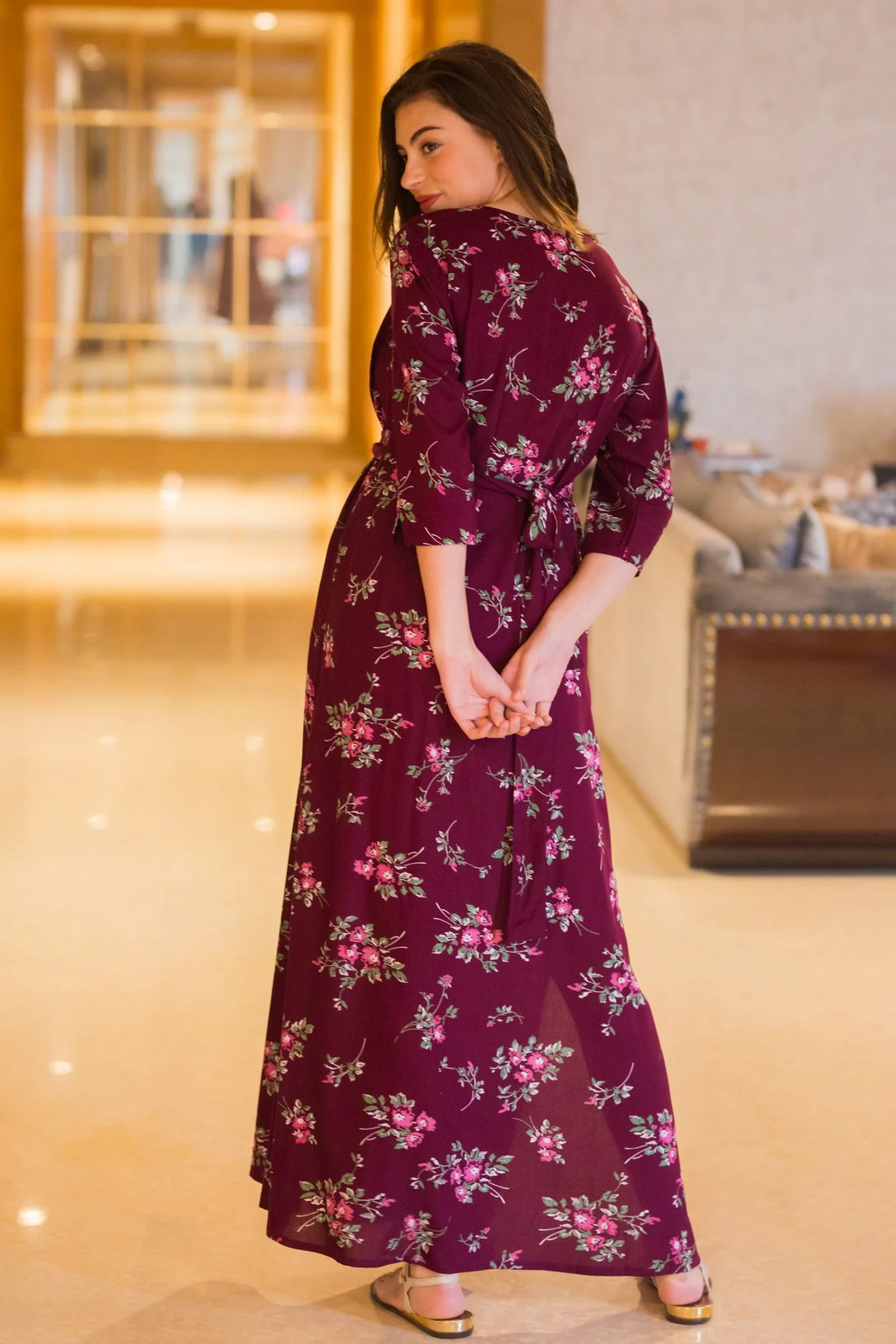 Wine Floral Side Slits Concealed Zips Feeding Dress - Chenance