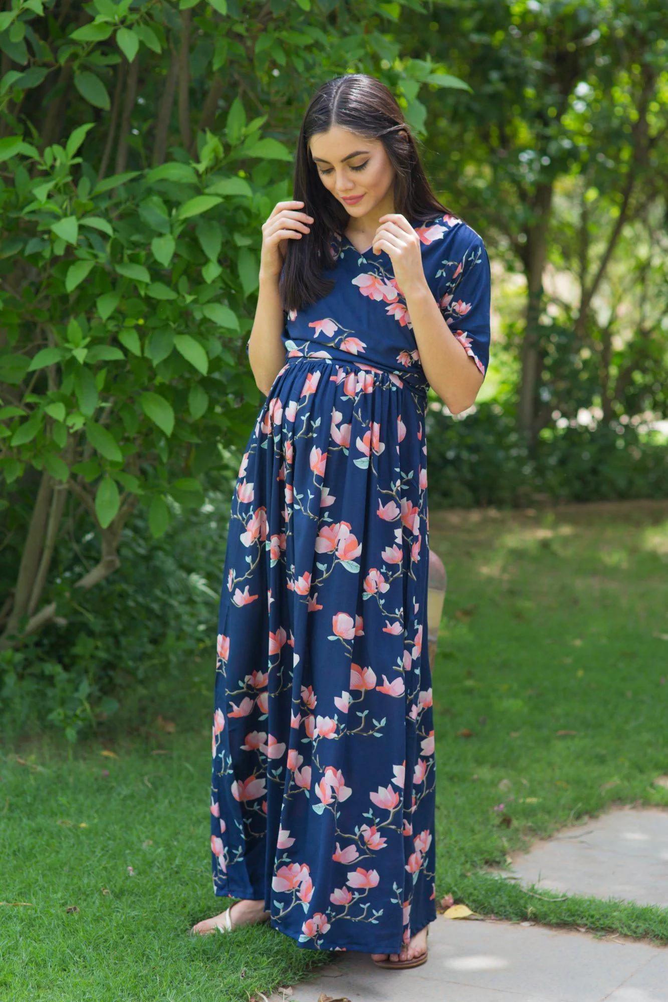 Serene Navy Blossom Maternity & Nursing Wrap Dress - Chenance