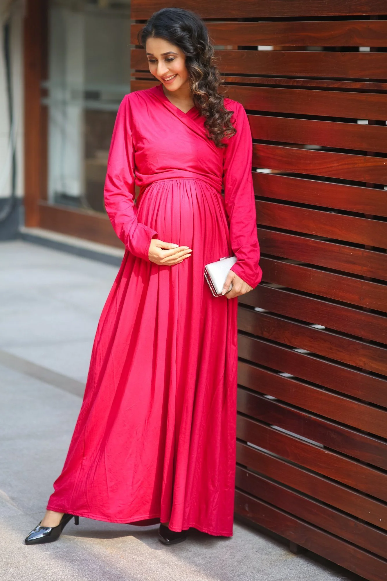 Royal Carnation Maternity & Nursing Lycra Wrap Dress - Chenance