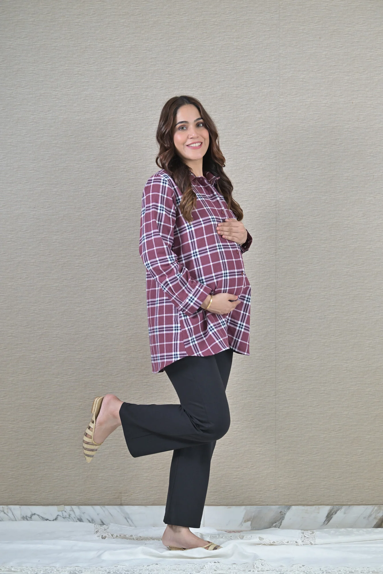 Sangria Check Maternity & Nursing Top - Chenance