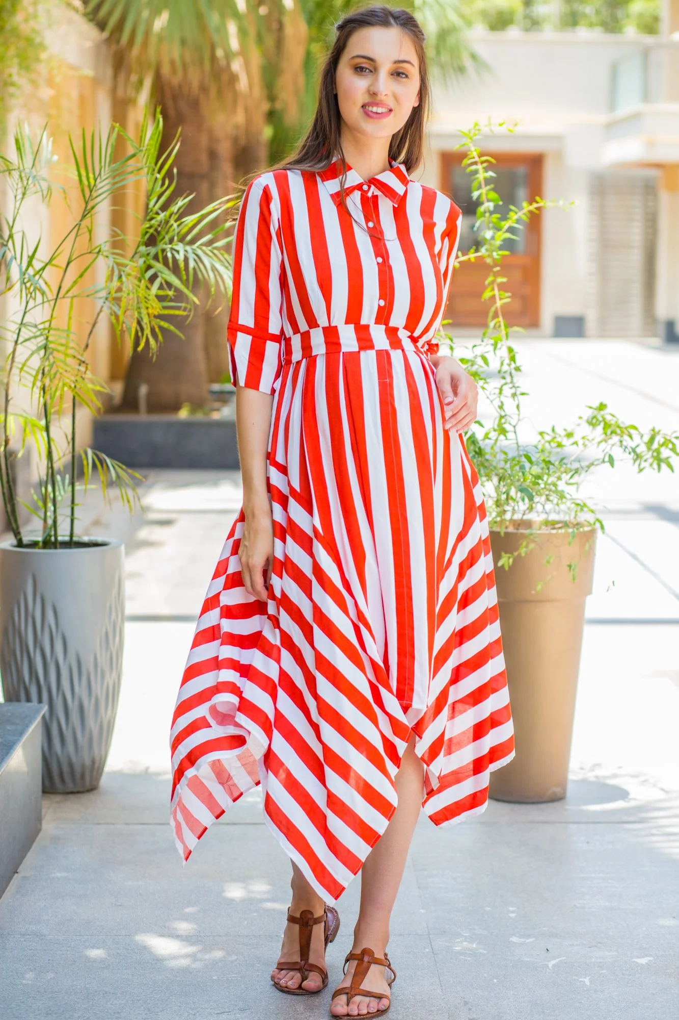 Candy Red Striped Maternity & Nursing Assymetrical Dress - Chenance