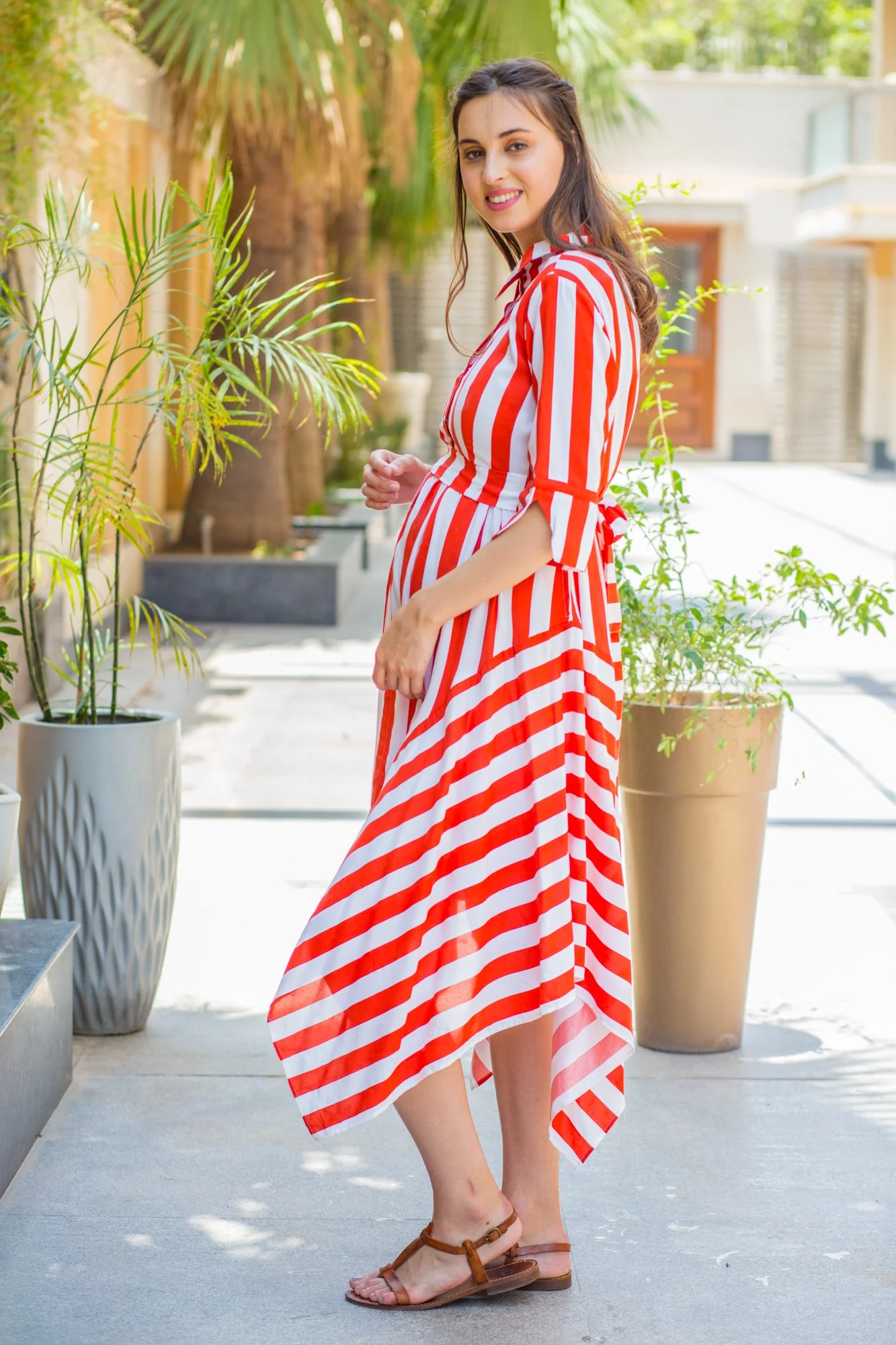 Candy Red Striped Maternity & Nursing Assymetrical Dress - Chenance