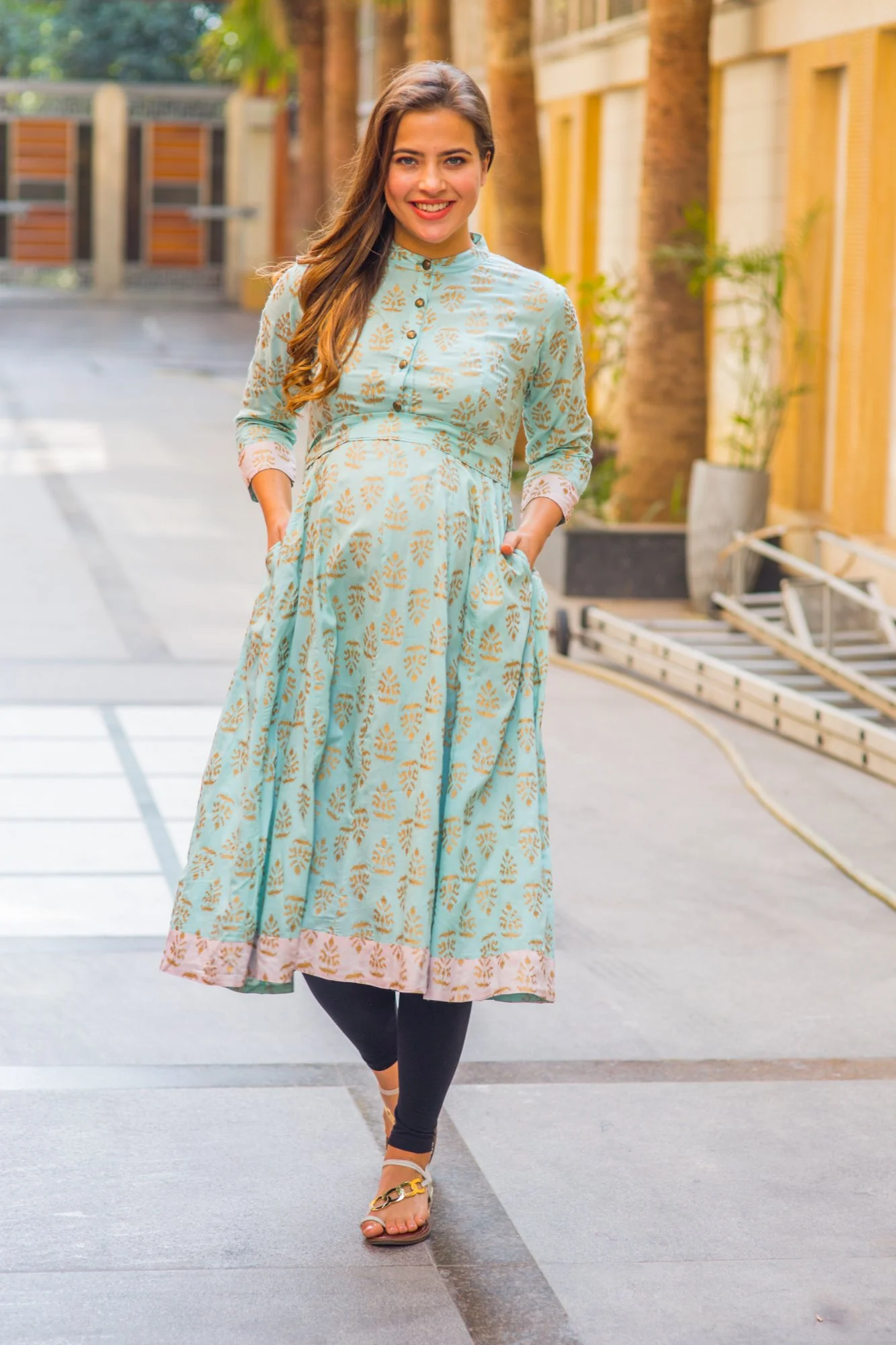 Mint Blue Gold Block Print Silk Maternity & Nursing Kurta - Chenance