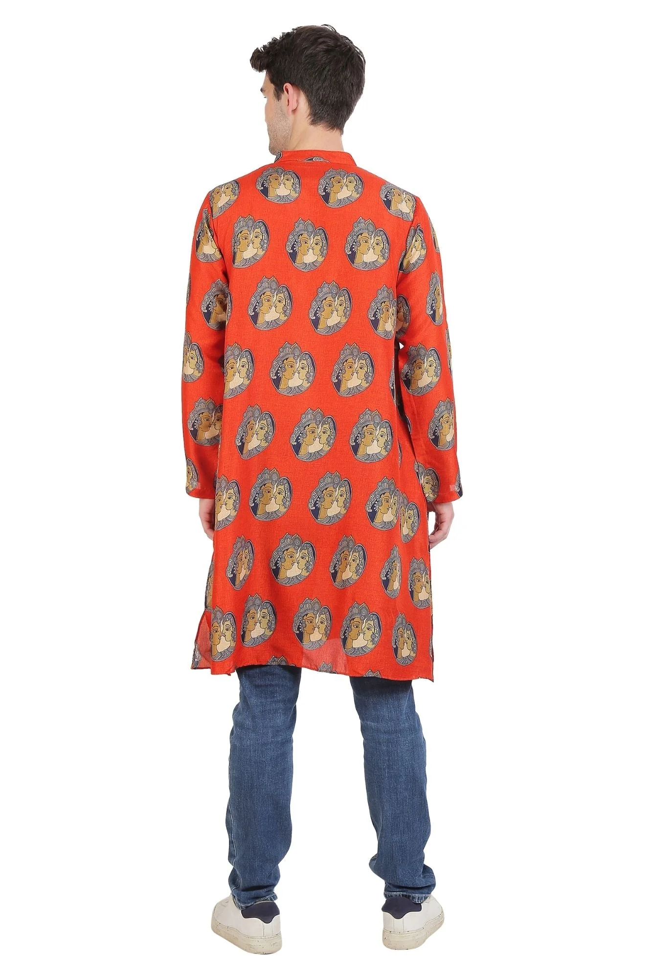 Men Apricot Kalamkari Printed Silk Kurta - Chenance