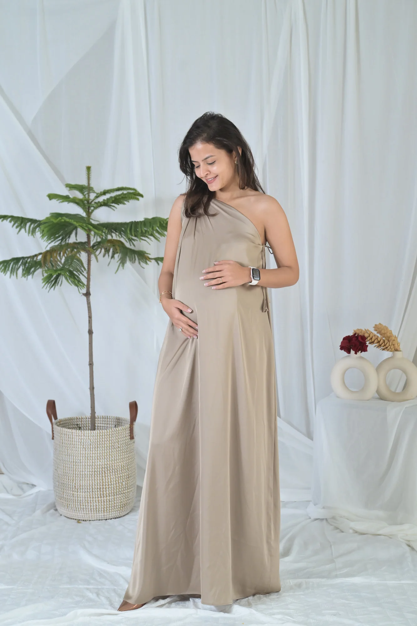 Luxe Sleek Golden Maternity Satin Gown - Chenance