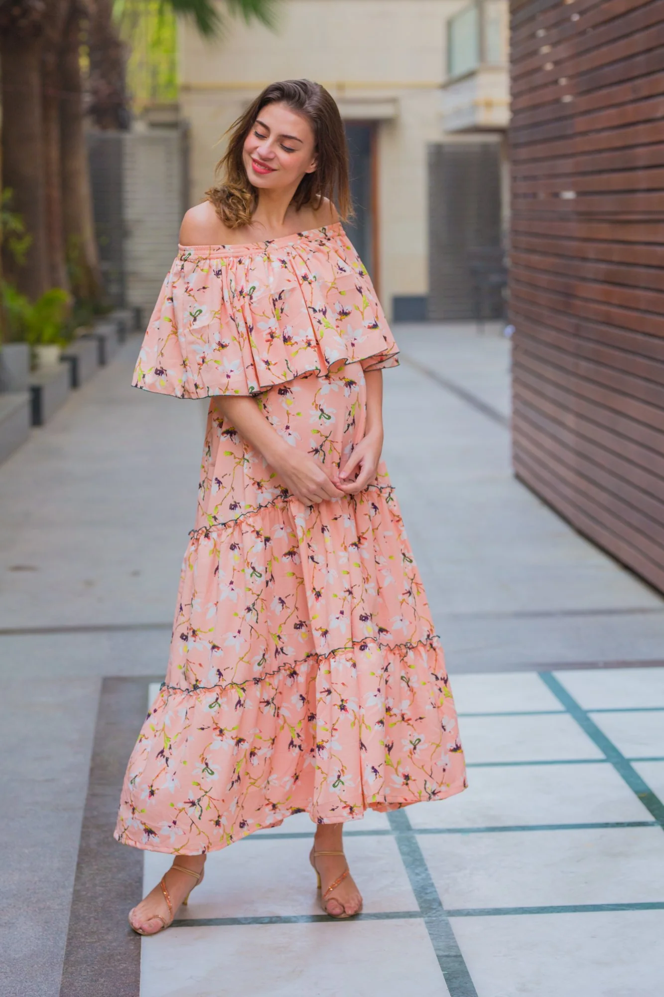 Botanical Peach Off-Shoulder Maternity Maxi Dress - Chenance
