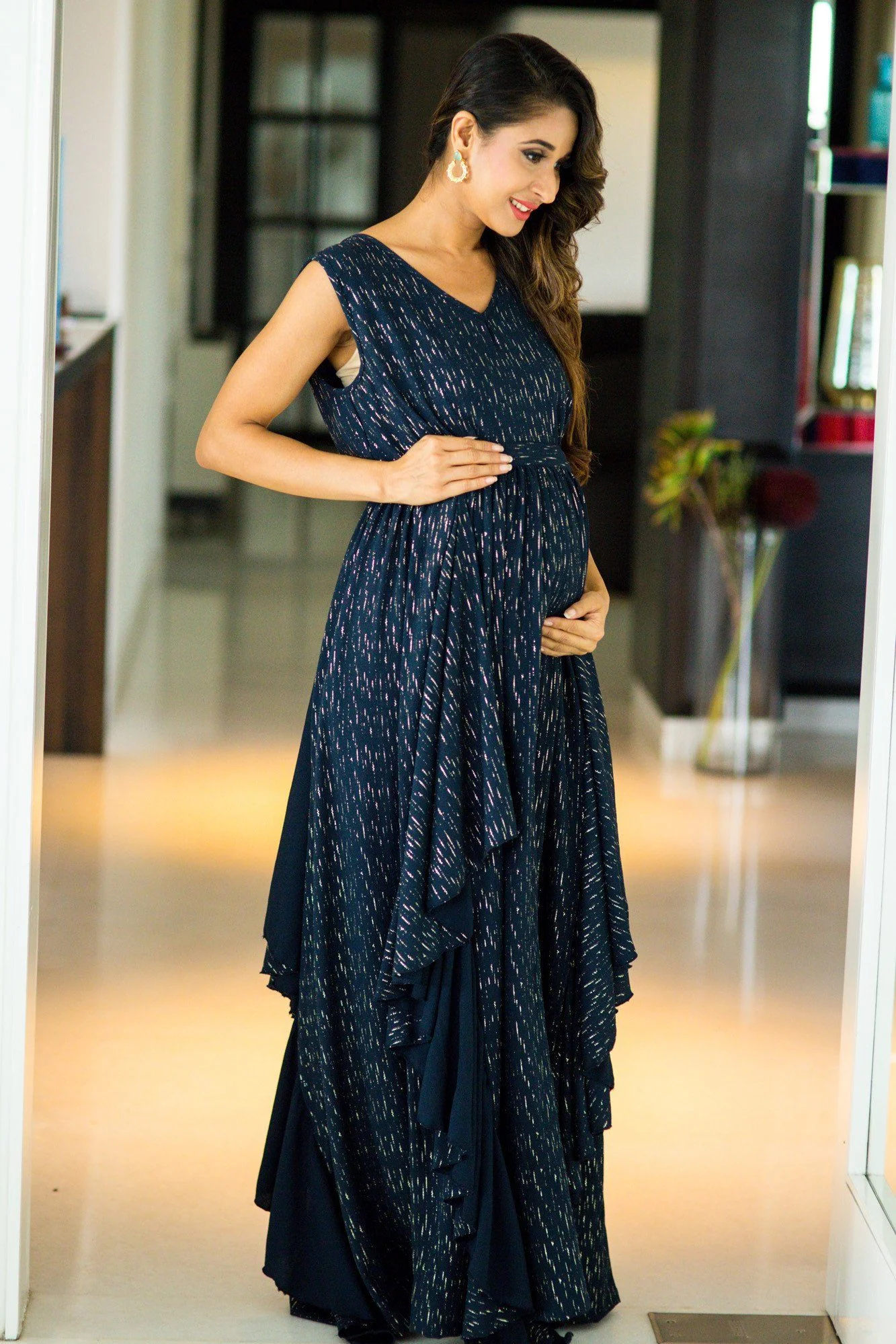 Gold Embellished Blue Maternity Maxi Dress - Chenance