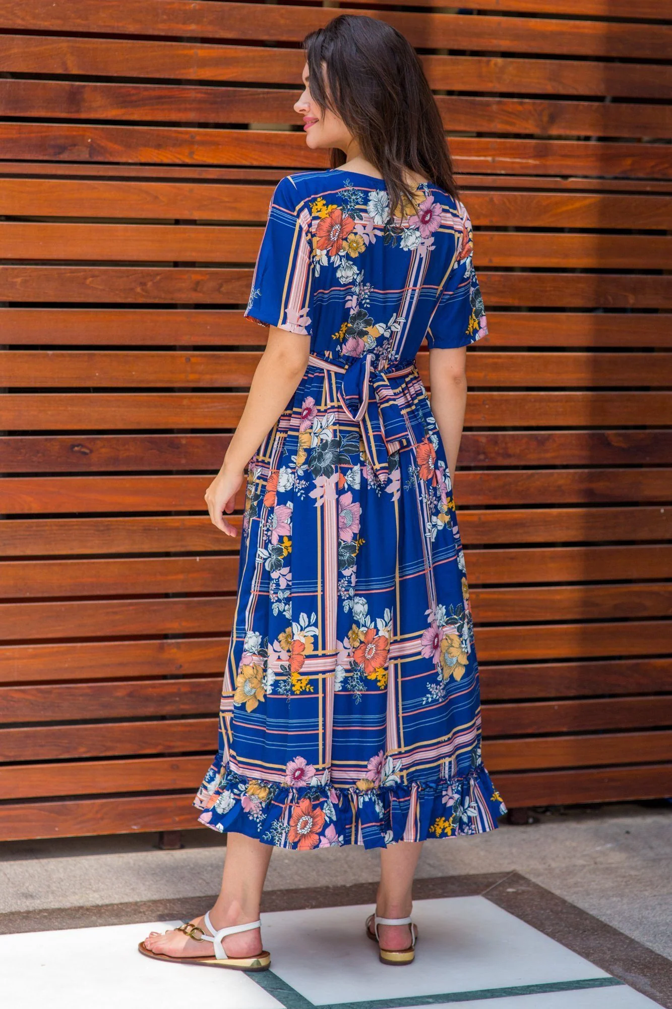 Nautical Striped Floral Frill Concealed Zips Nursing Dress - Chenance