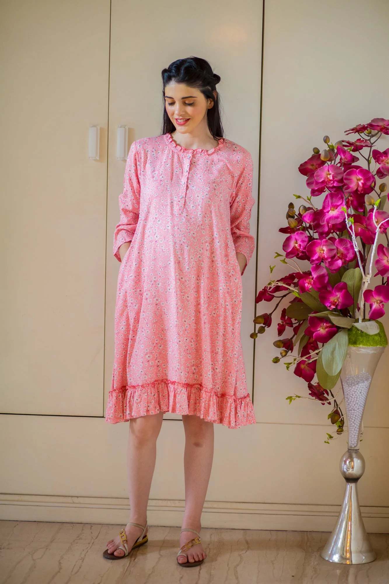 Cute Pink Daisy Maternity & Nursing Night Dress + Matching Swaddle Set Of 2 - Chenance