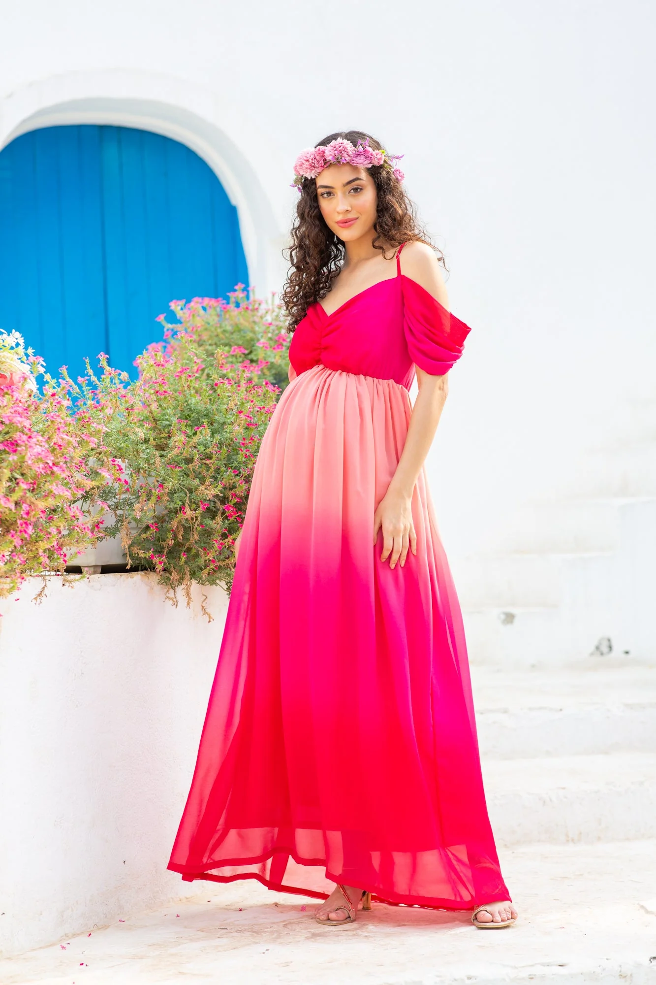 Luxe Graceful Flamingo Off-Shoulder Maternity Photoshoot Gown - Chenance
