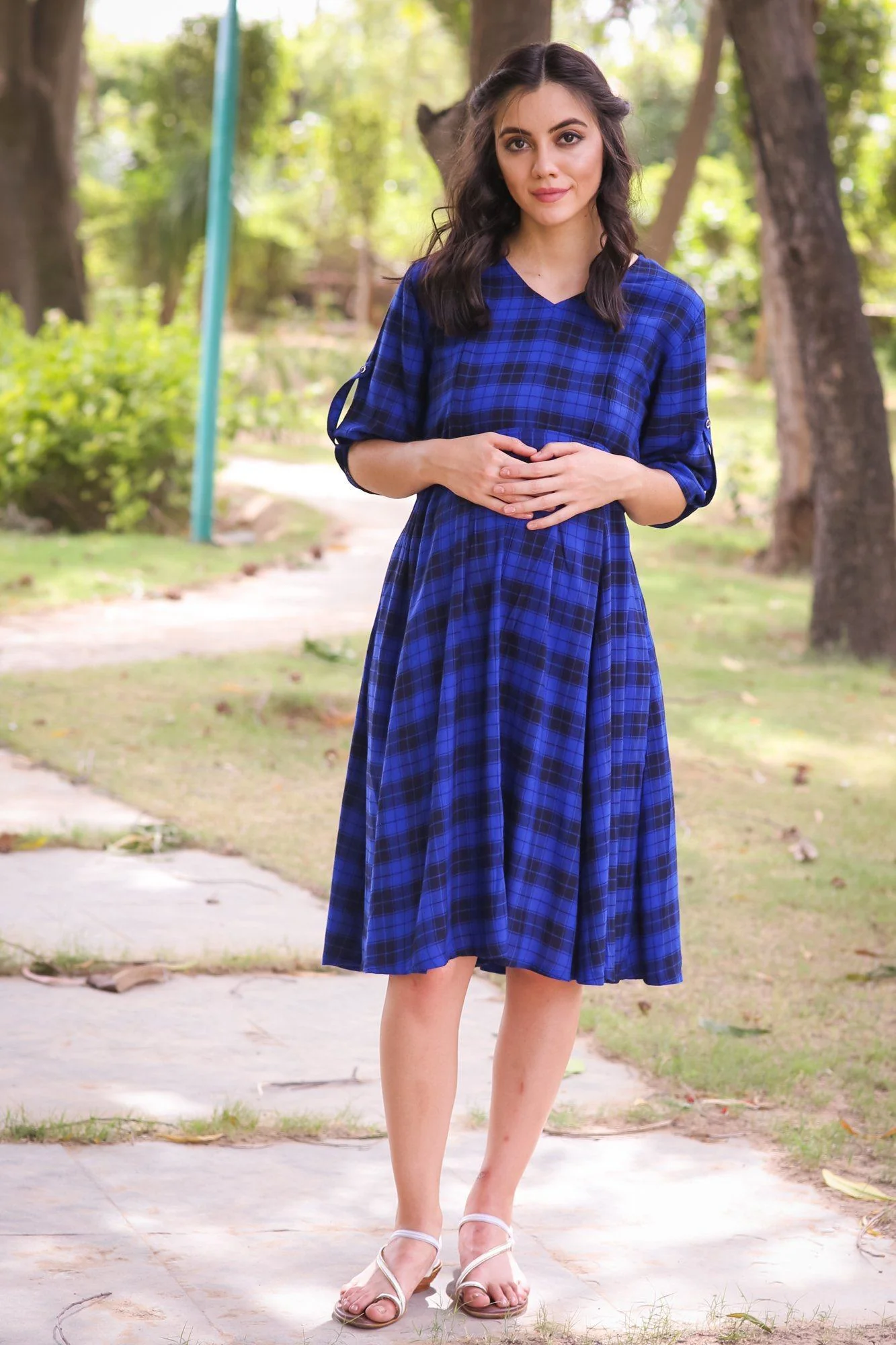 Persian Blue Plaid Maternity & Nursing Dress - Chenance