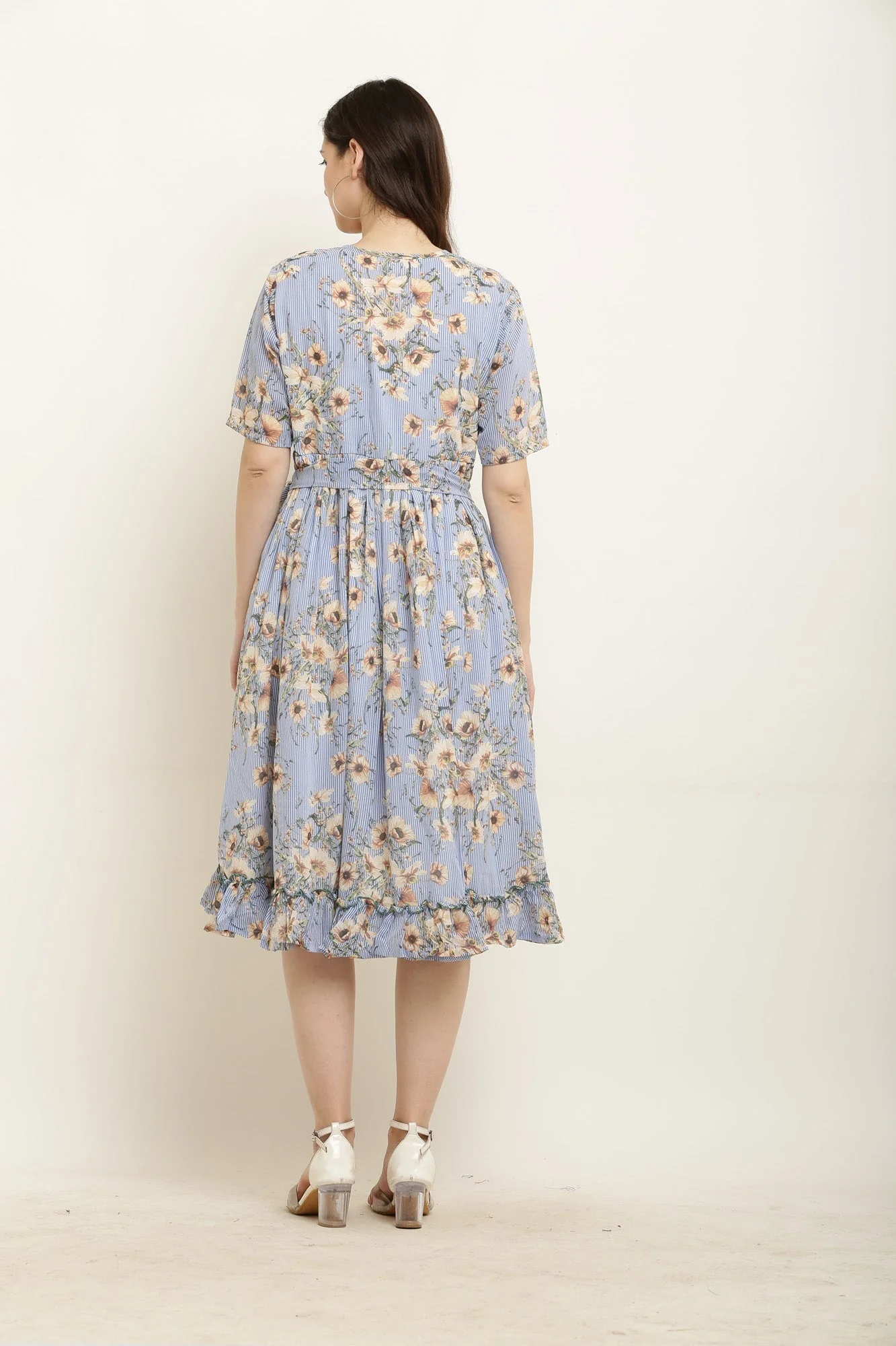 Ice Blue Daisy Frill Concealed Zips Nursing Dress - Chenance