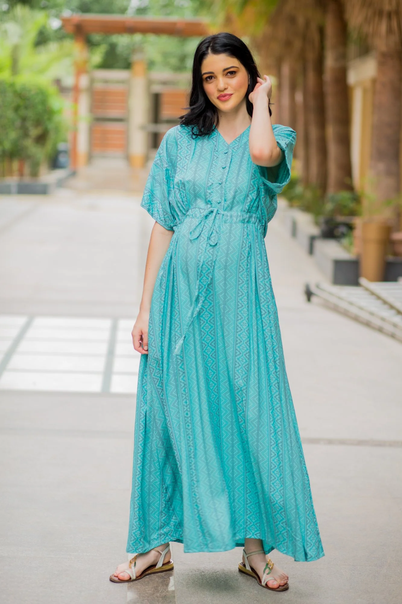 Kimono Sky Blue Stripe Maternity & Nursing Dress / Delivery Gown/ Night Dress - Chenance