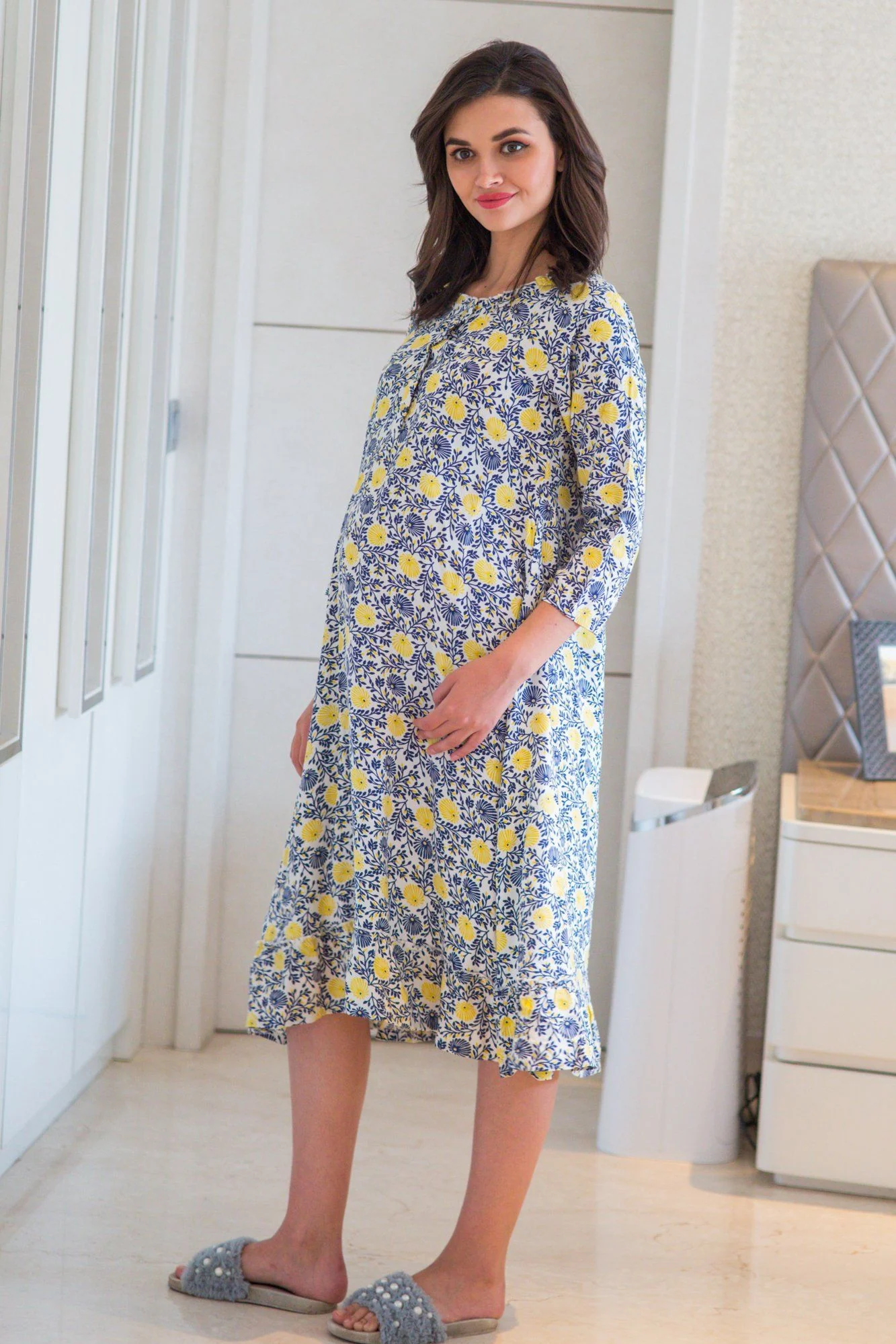 Pale Floral Maternity & Nursing Night Dress - Chenance