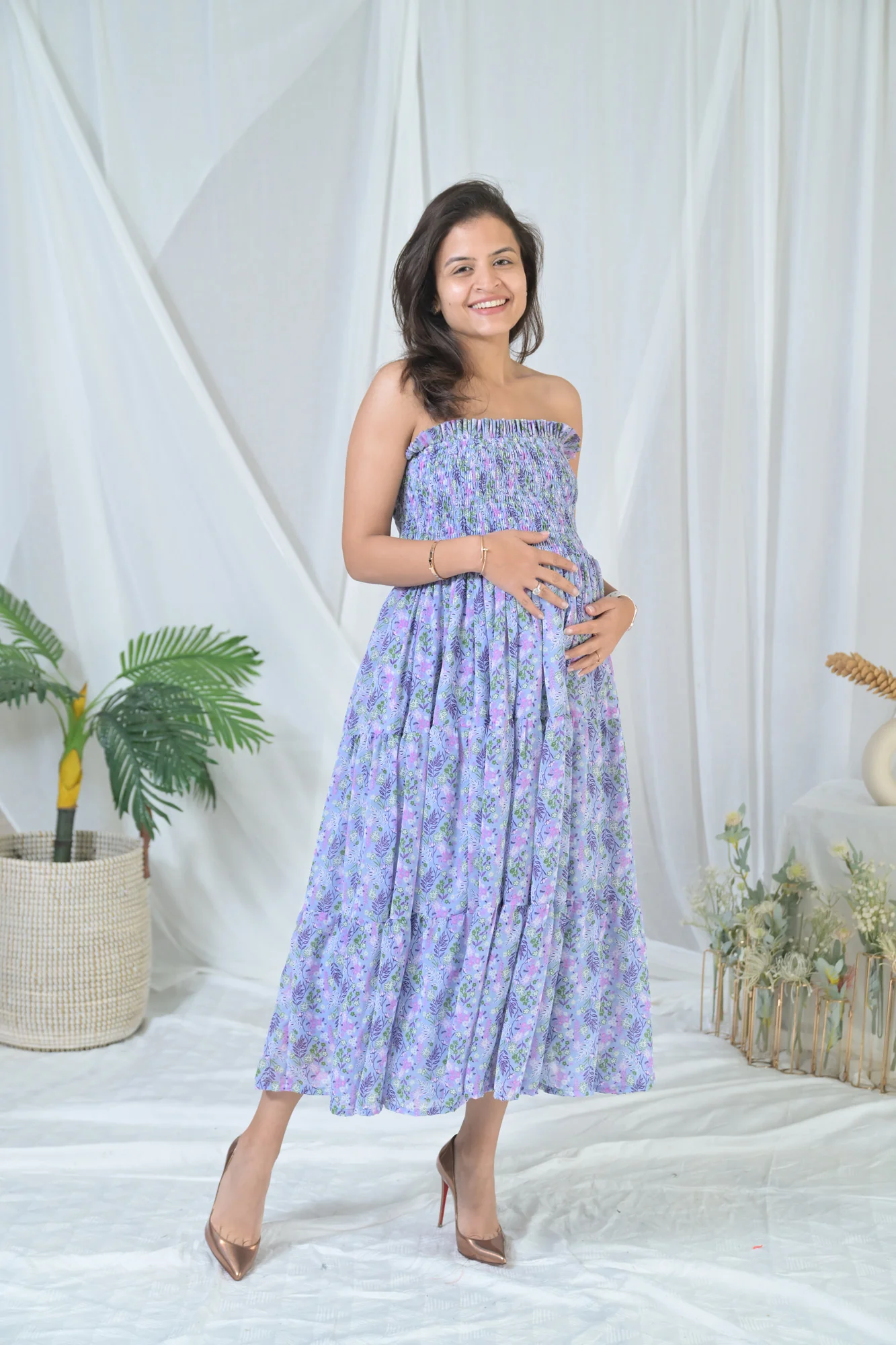 Pretty Blue Chiffon Floral Maternity Off-Shoulder Dress - Chenance
