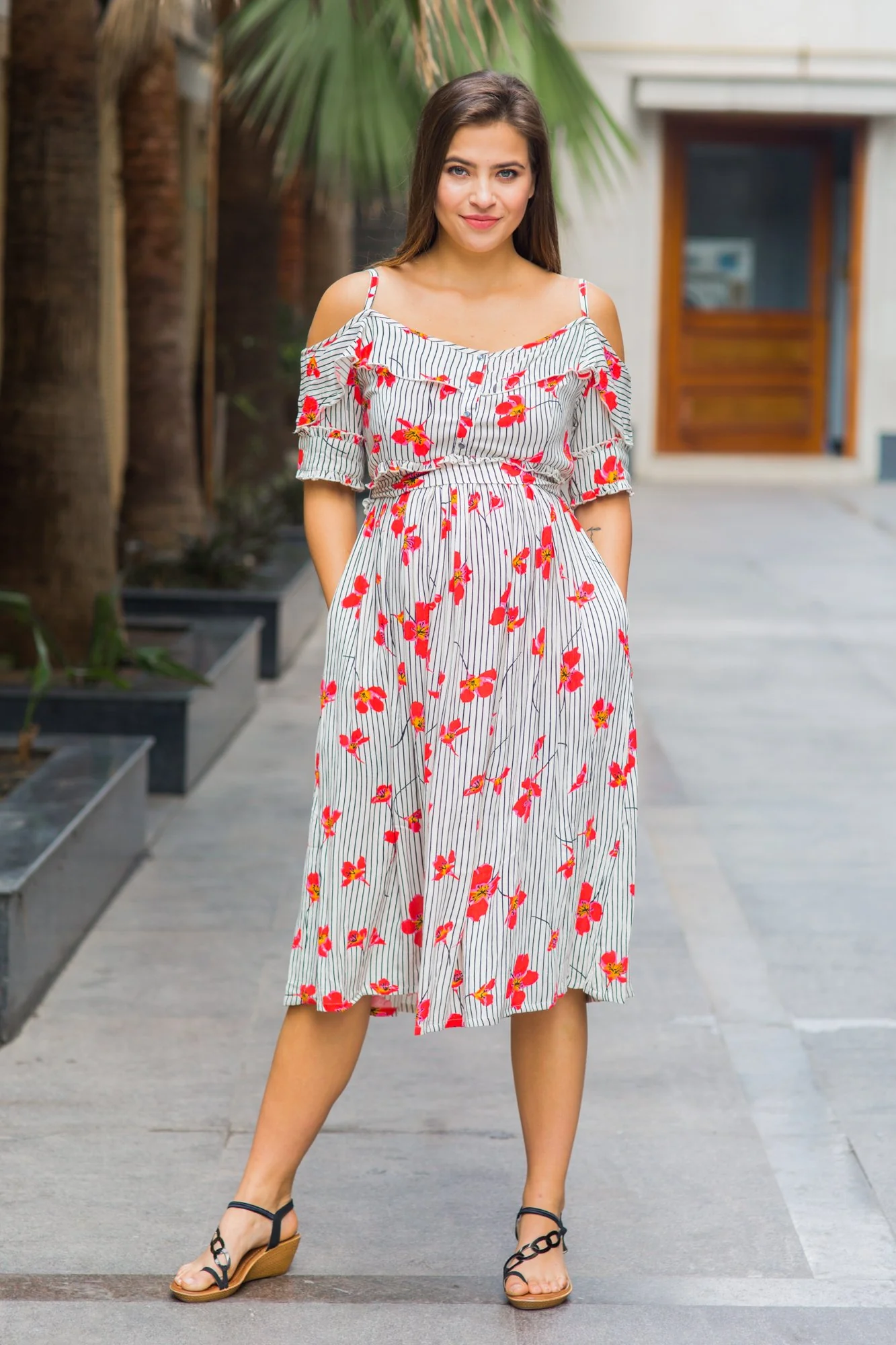 Exclusive Grey Red Stripe Front Zip Maternity & Nursing Maxi Dress - Chenance