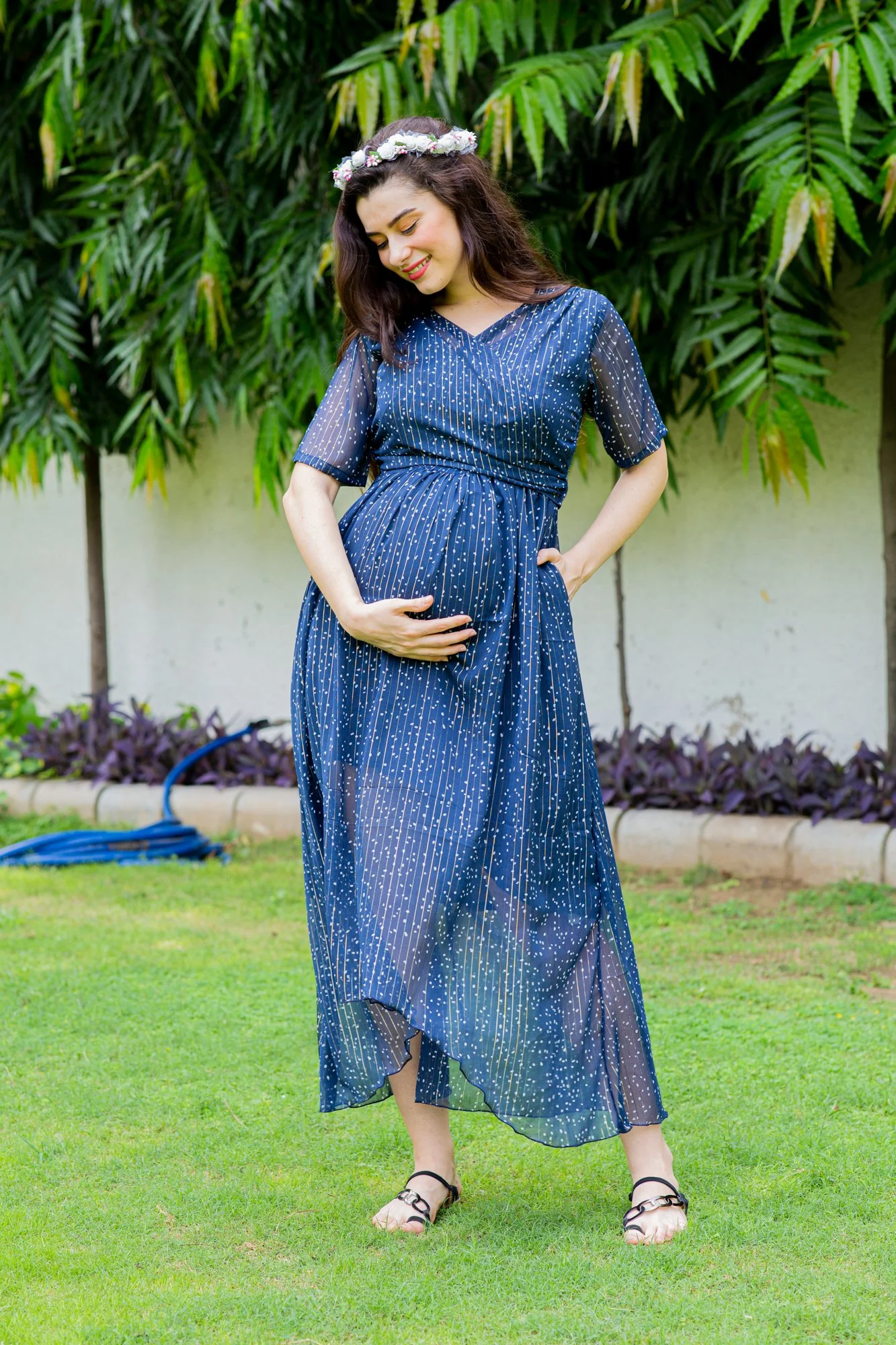 Starry Midnight Maternity & Nursing Hi-Low Wrap Dress - Chenance