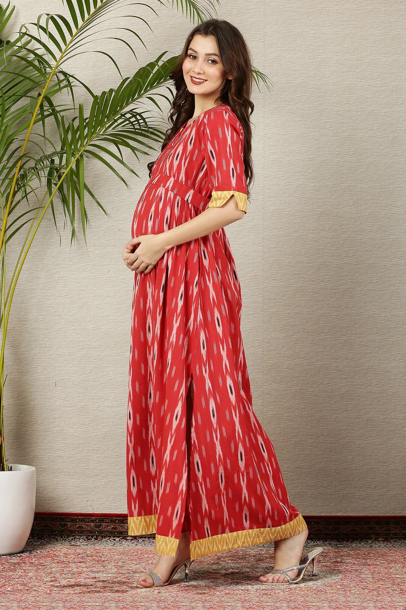 Pleasing Crimson Ikat Side Slit Long Maternity & Nursing Dress (100% Cotton) - Chenance