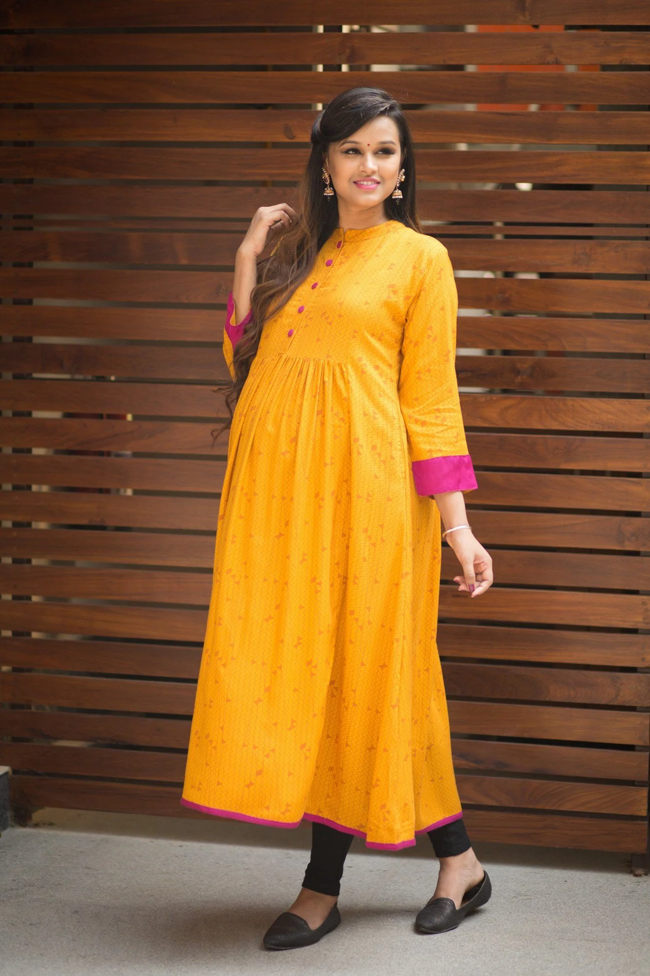 Mustard Yellow & Fuscia Long Maternity & Nursing Kurta - Chenance
