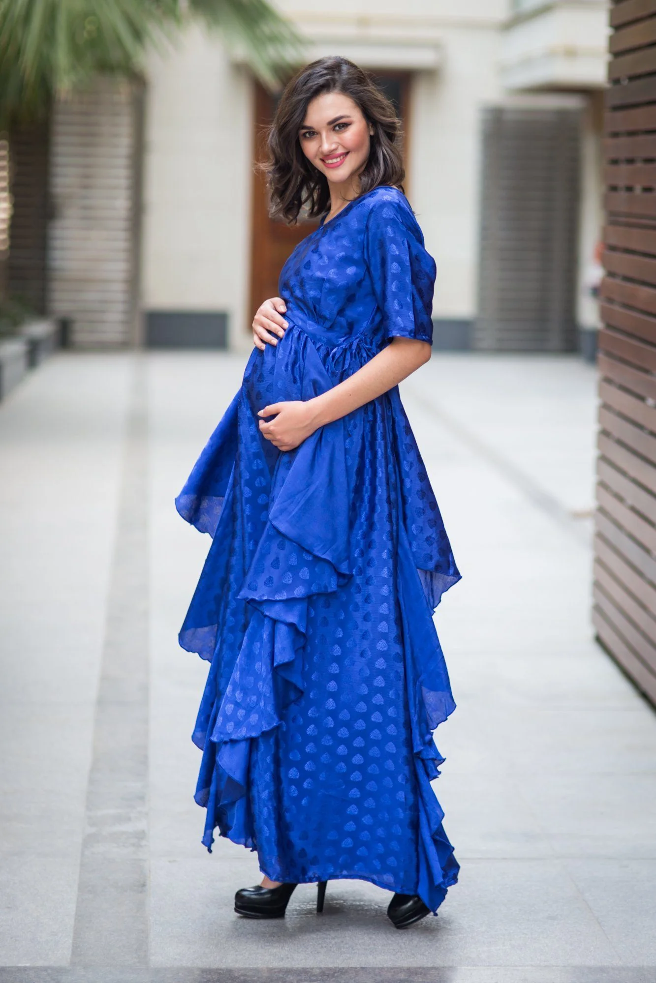 Luxe Electric Blue Embellished Satin Maternity Dress - Chenance