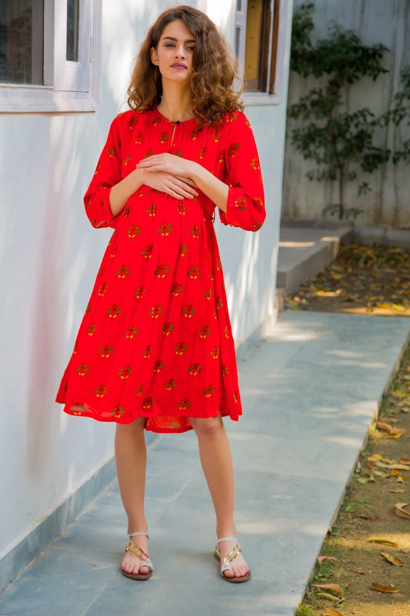 Scarlet Floral Pintucks  Maternity & Nursing Kurta Dress - Chenance