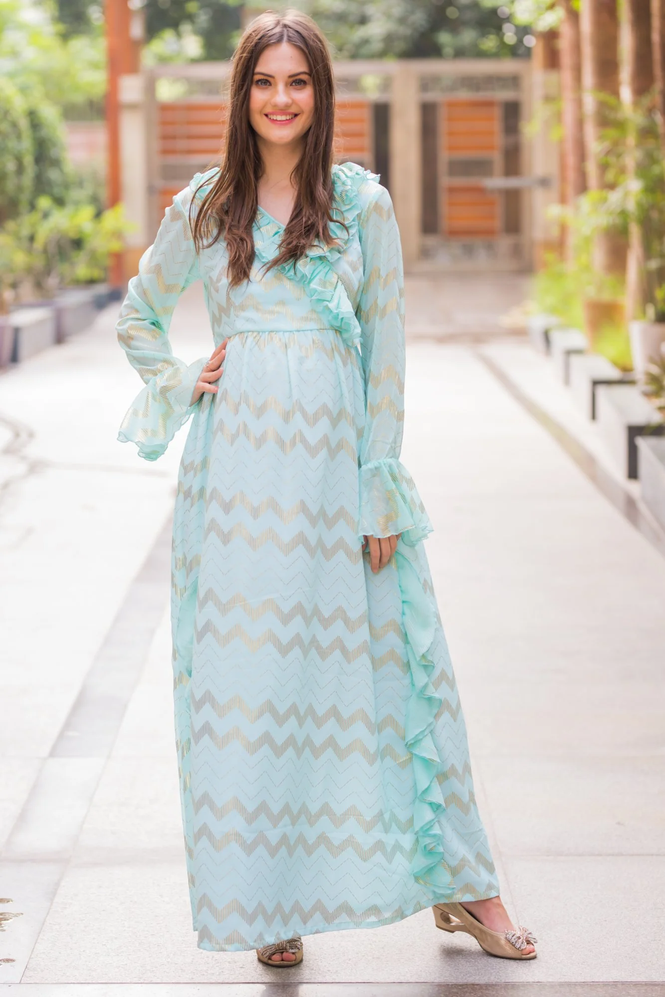 Pastel Blue Embellished Maternity & Nursing Dress - Chenance