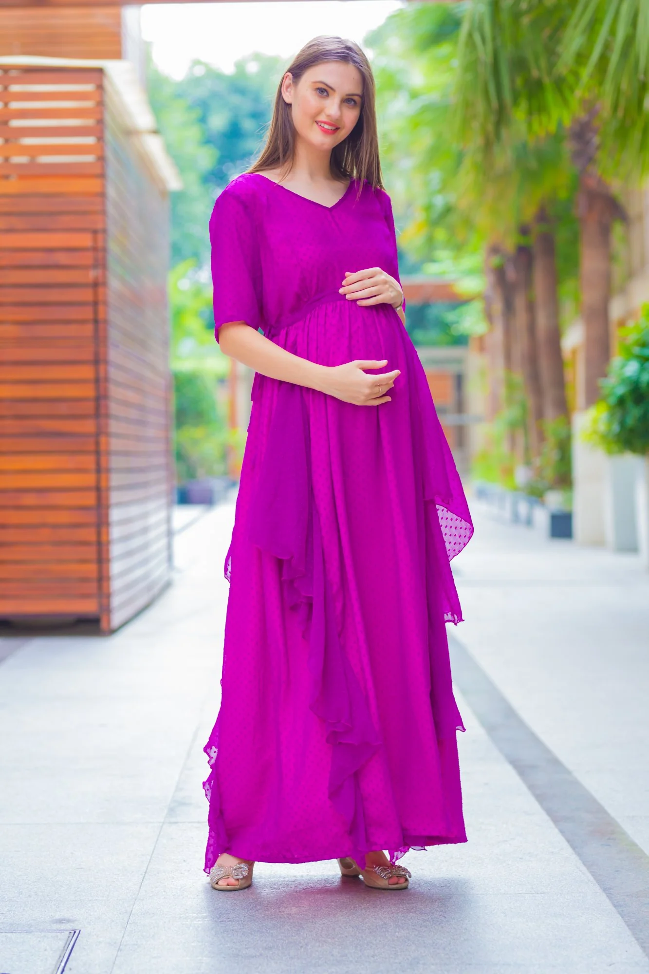 Plum Maternity Flowing Dress With Sleeves - Chenance