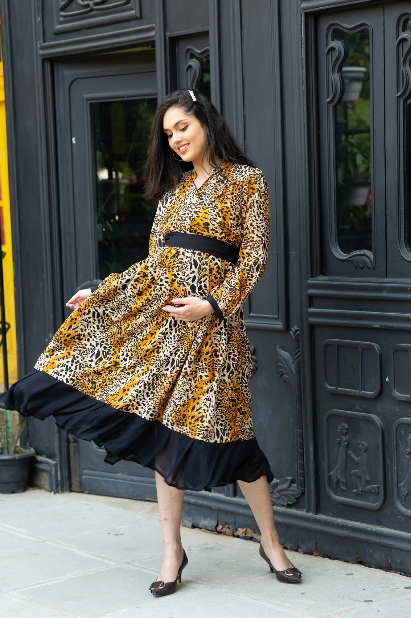 Premium Tropical Brown Maternity & Nursing Midi Wrap Dress - Chenance