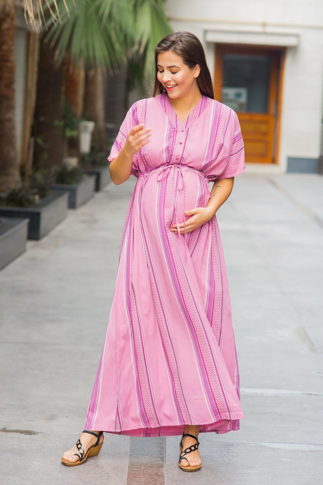 Set of 2 - Kimono Carnation Stripe Delivery Gown + Matching Baby Swaddle - Chenance