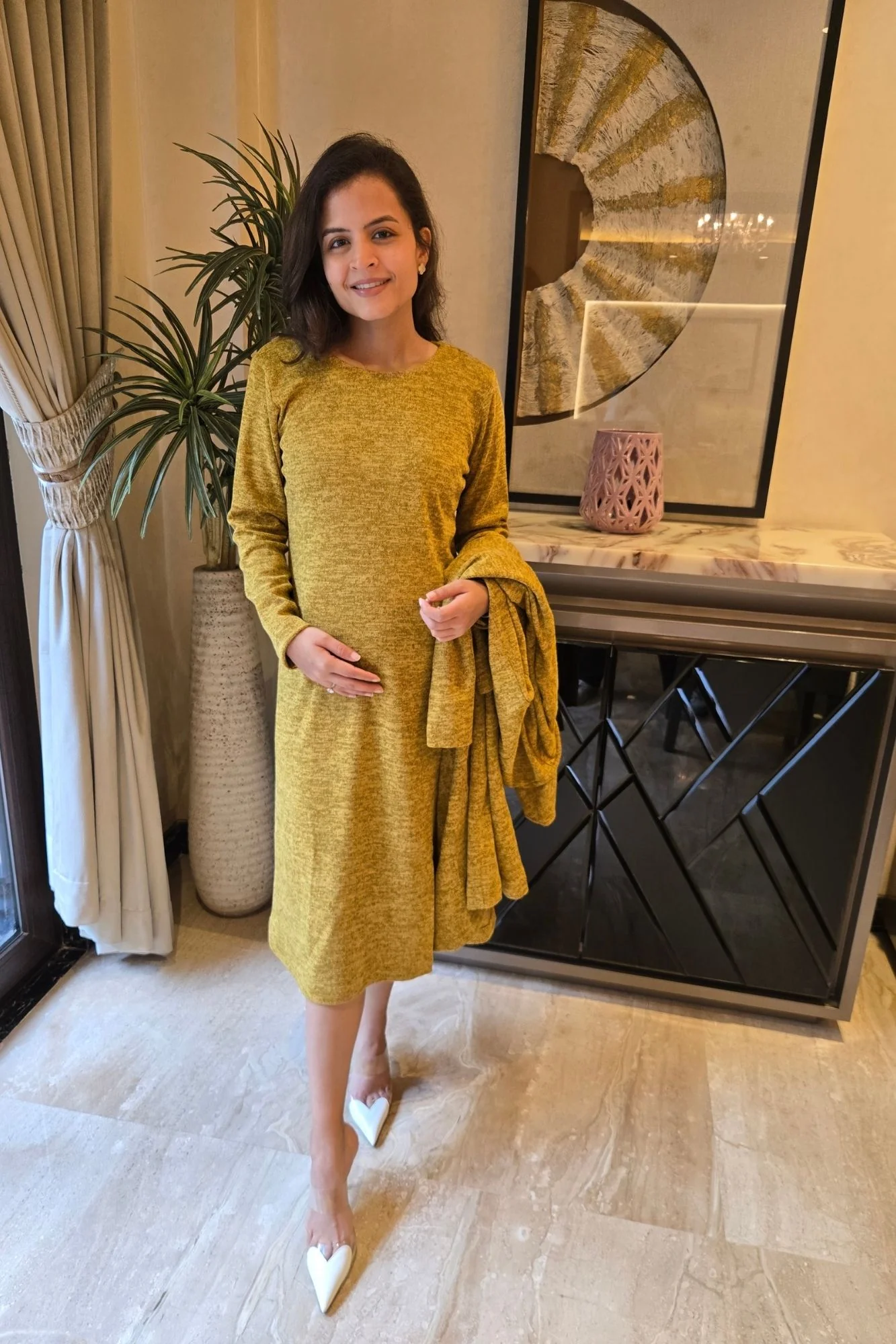 Breezy Mustard Maternity Winter Dress With Cover Up (2pc) - Chenance