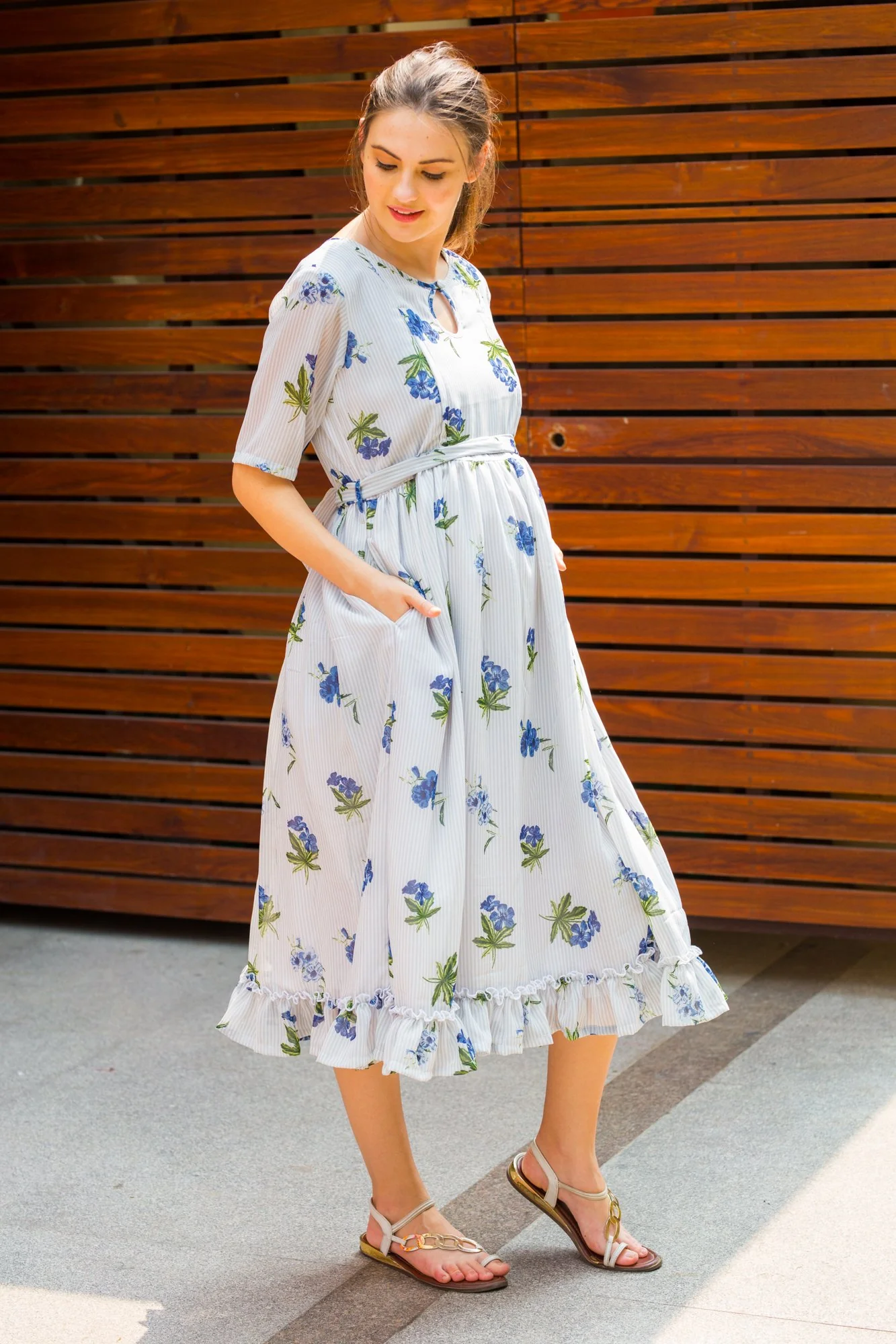 Rose Striped Concealed Zips Nursing Dress - Chenance